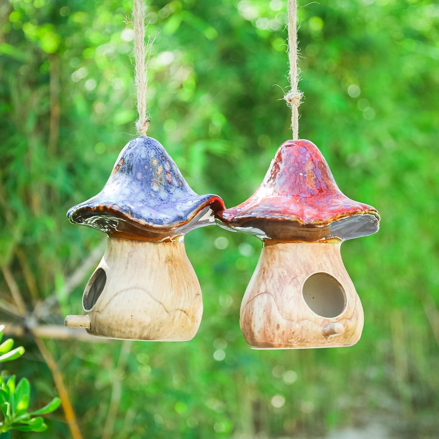 Set of 2 Red and Blue Ceramic Mushroom Birdhouses