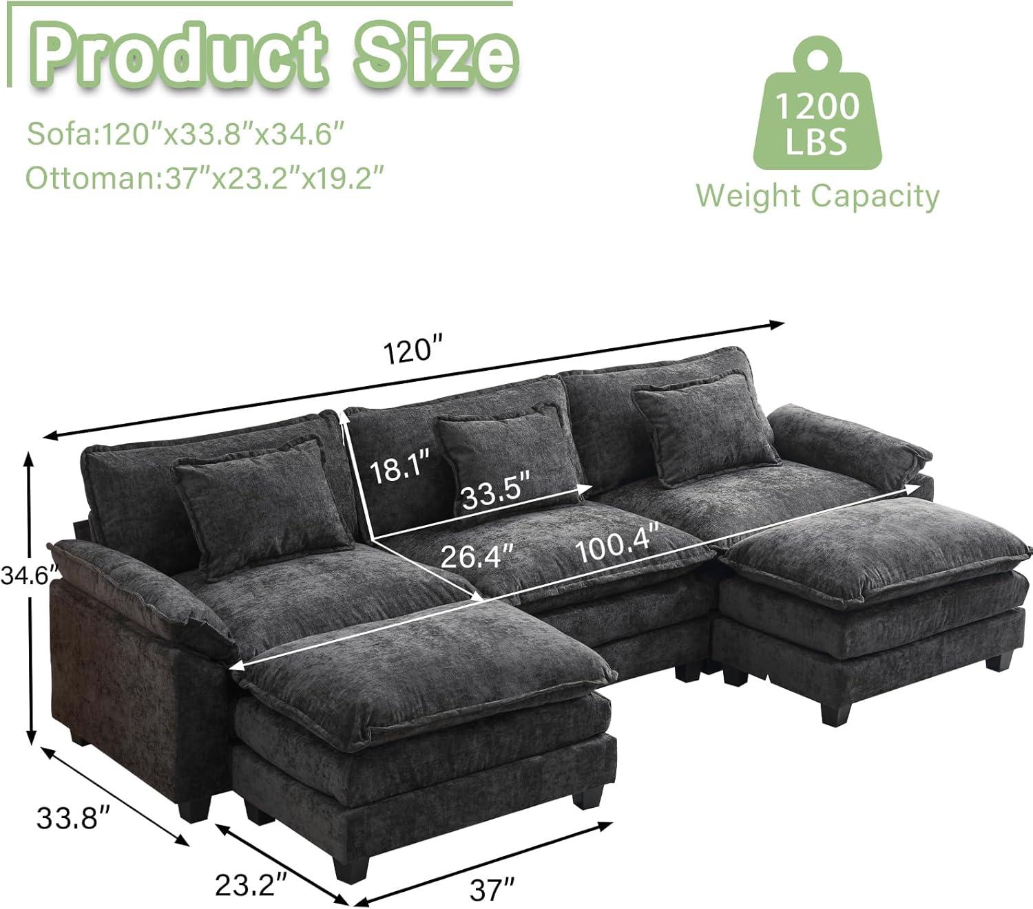 L Shape Sofa Comfy Sectional Cloud Couch for Living Room with Pillows, Modern Chenille Sofa Sleeper Deep Couches with Ottoman (Black, 4-Seat)