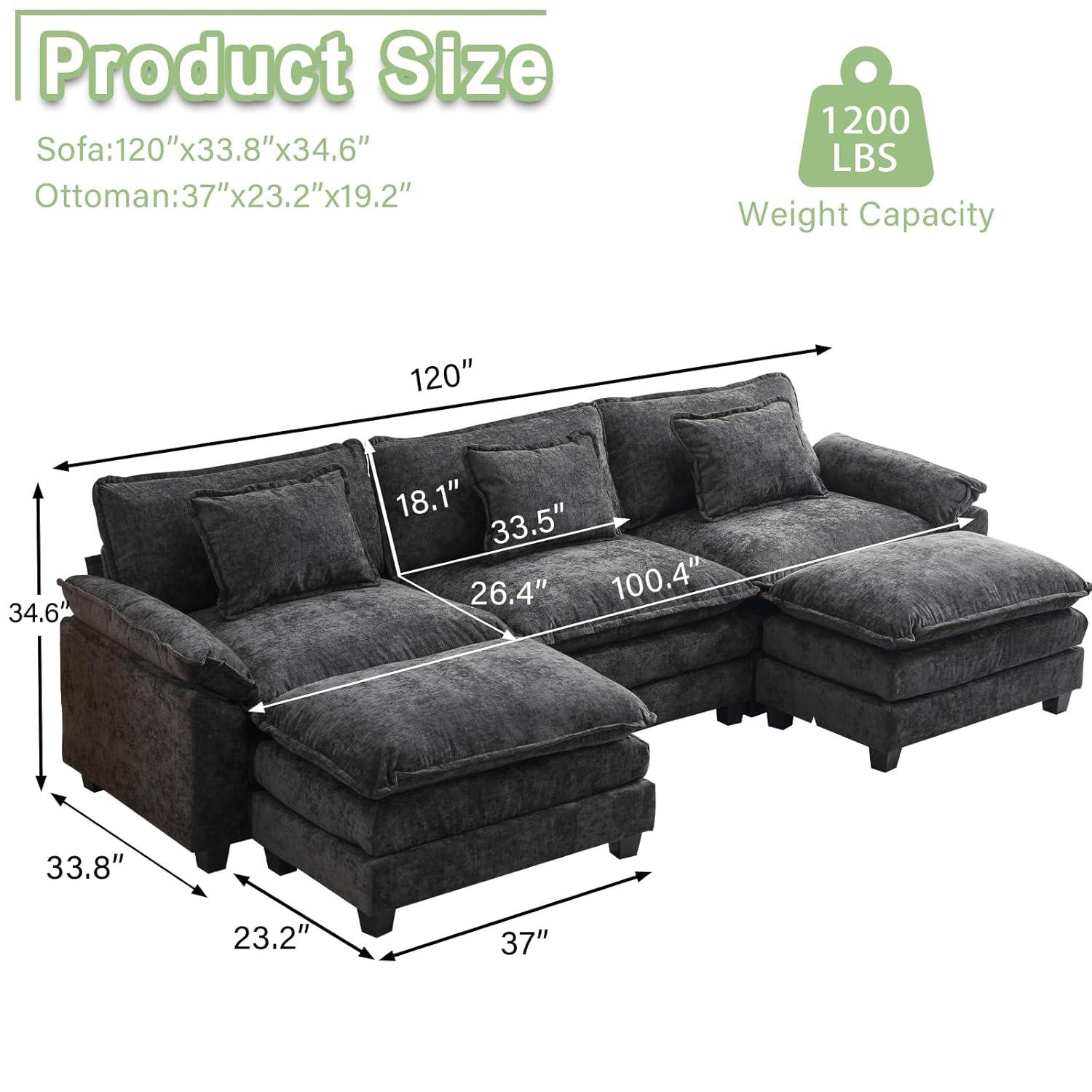 L Shape Sofa Comfy Sectional Cloud Couch for Living Room with Pillows, Modern Chenille Sofa Sleeper Deep Couches with Ottoman (Black, 4-Seat)