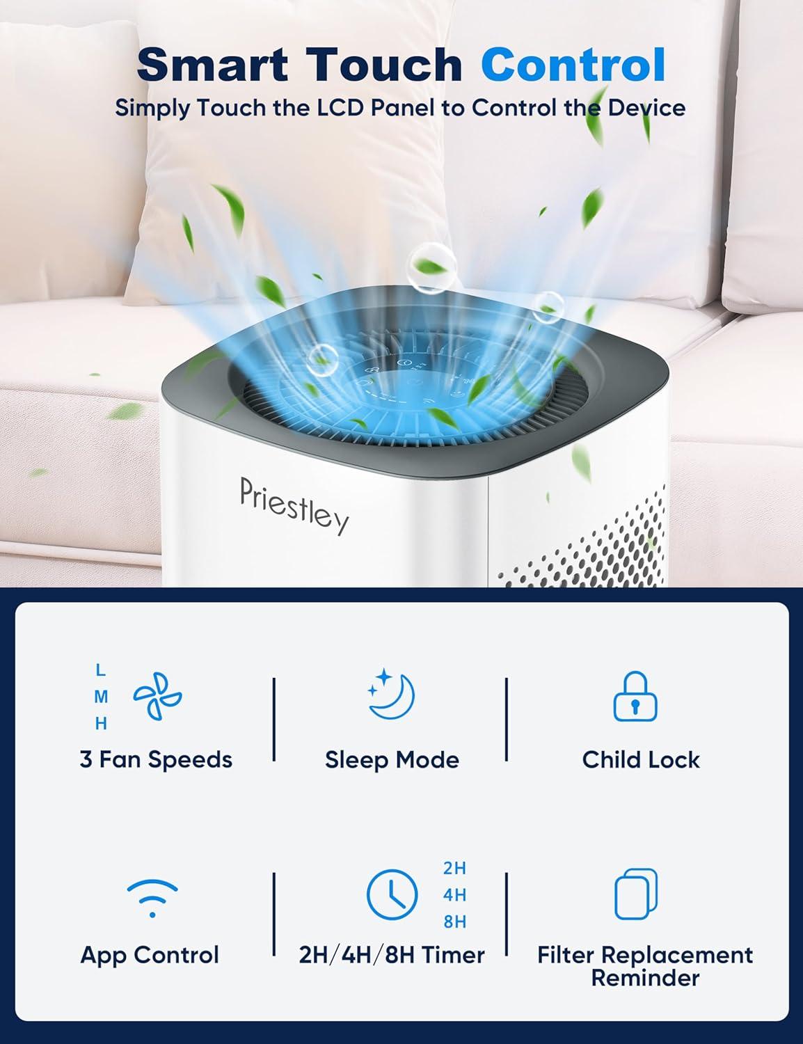 Priestley White Smart WiFi HEPA Air Purifier for Large Rooms