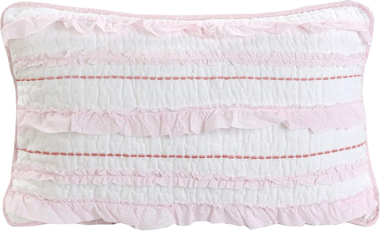 Pink and White Ruffled Cotton Rectangular Throw Pillow