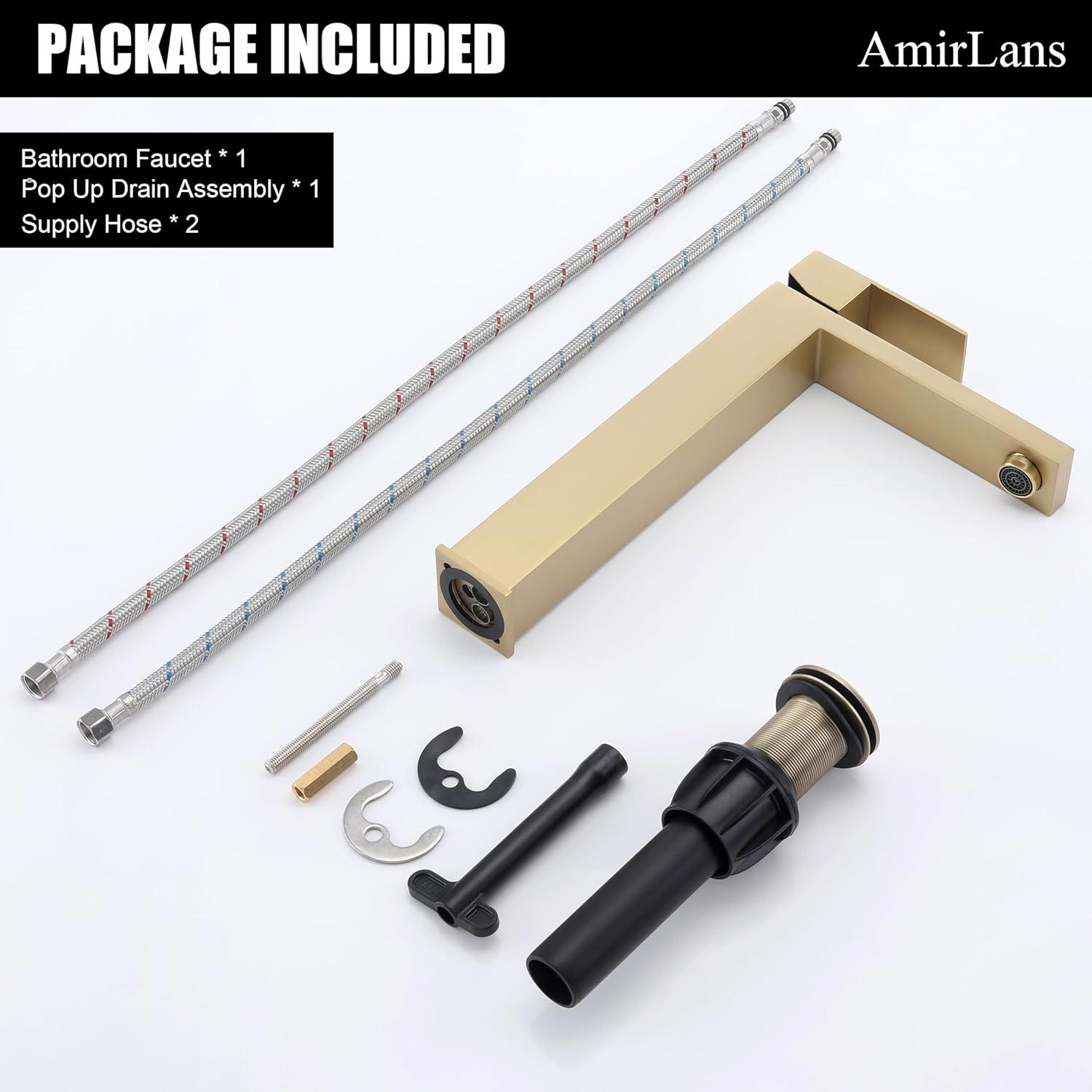 Gold Vessel Sink Faucet, Brushed Gold Tall Single Handle Bathroom Vessel Sink Faucet 1 Hole, Modern Stainless Steel Restroom Vanity Faucet with Metal Pop Up Drain and Water Supply Hose