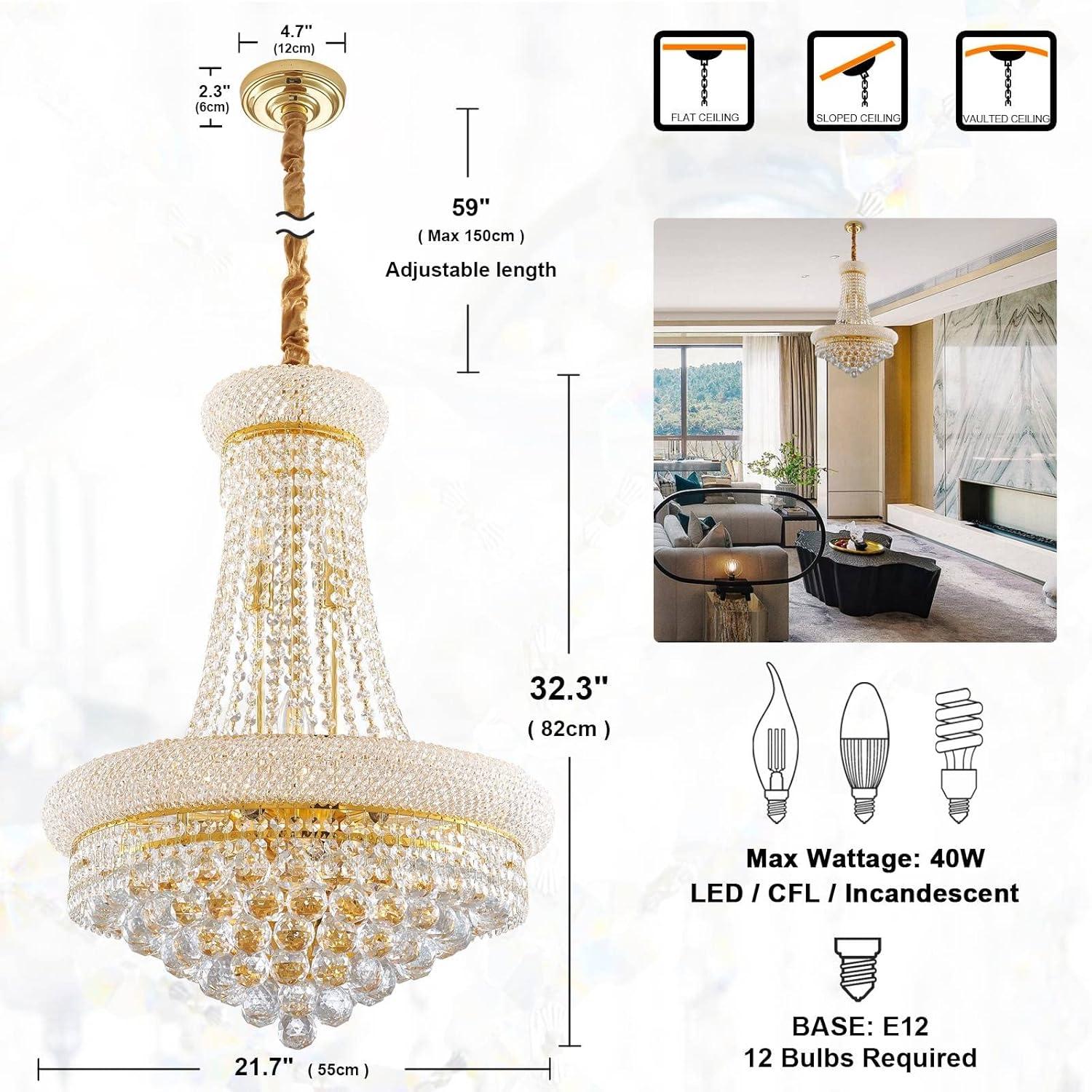 12 Lights Gold Finish Empire Crystal Chandelier Lighting for Dining Room Living Room Foyer Hallway Bedroom Entryway (Dia 22'')