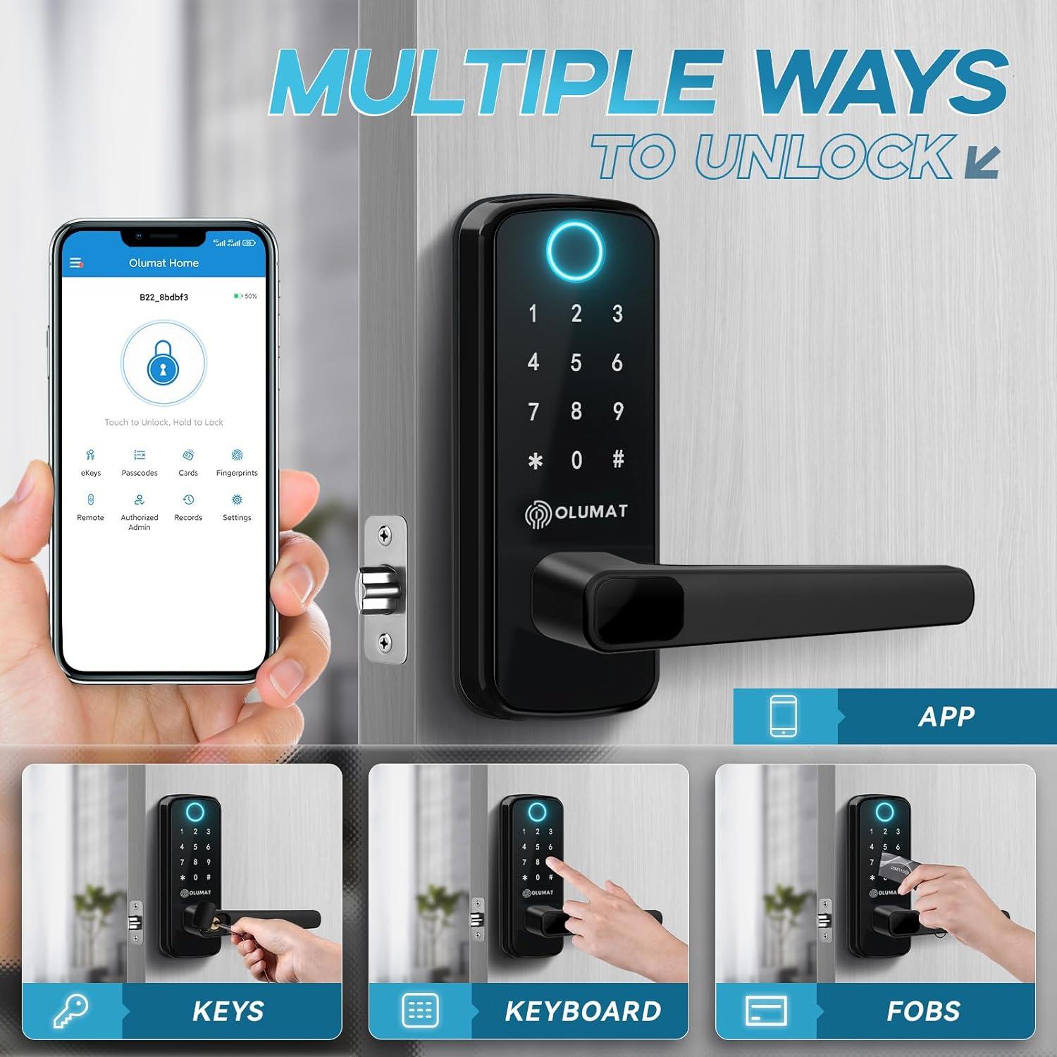 Smart Door Lock, OLUMAT Keyless Entry Door Lock Fingerprint Door Lock with Keypad Digital Door Lock with Handle for Home, Rental, Office and Hotel-Black