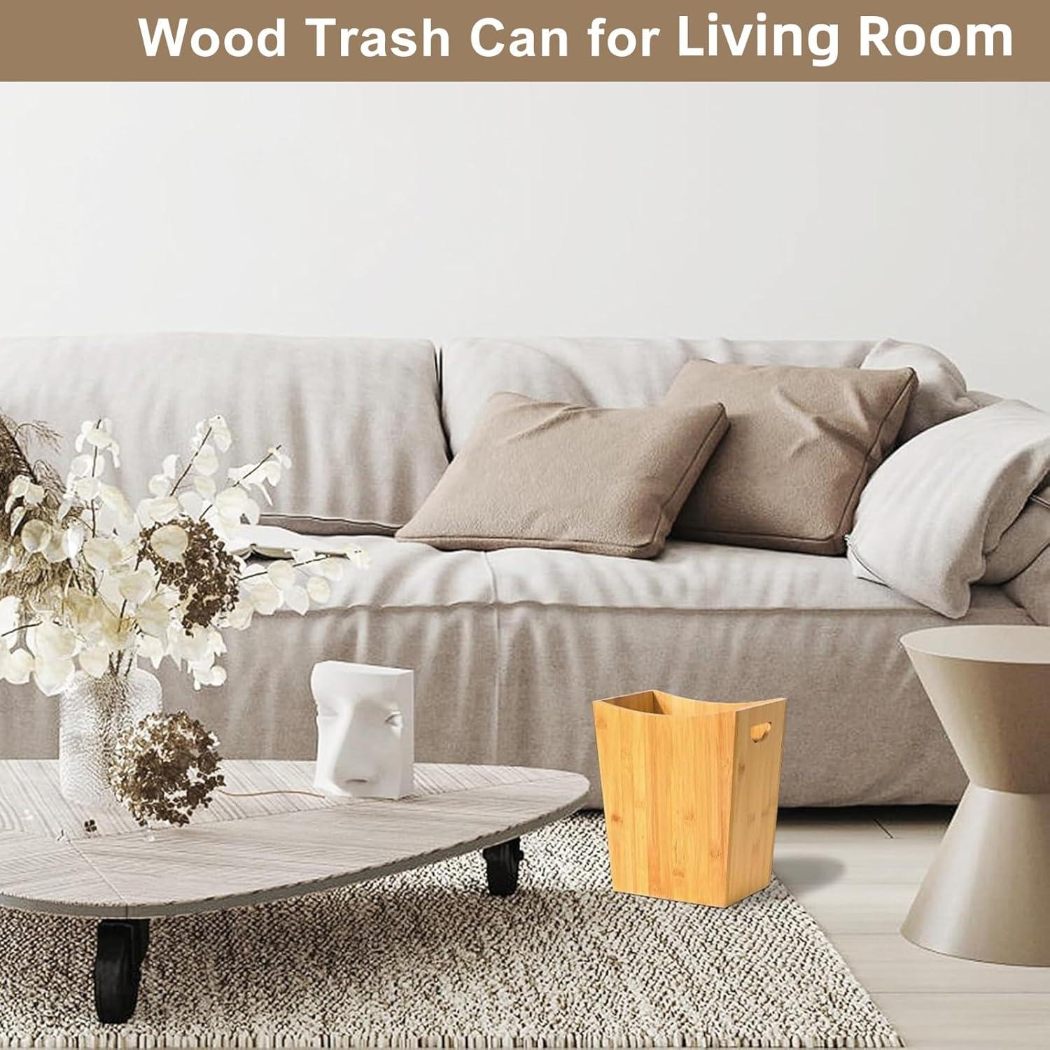 SEHERTIWY Wood Trash Can, Farmhouse Wastebasket Bin for Bathroom, Office, Bedroom, Living Room, Small Square Rustic Garbage Container (Wood-Black)