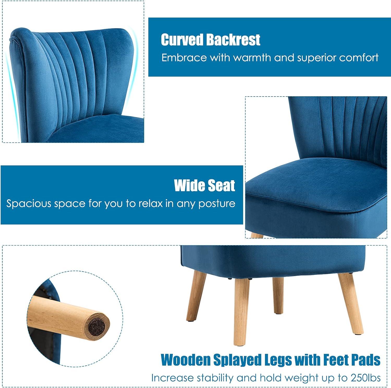 Yardi Yard Modern Armless Velvet Accent Chair with Wood Legs-Blue, Vanity Chair for Bedroom Desk