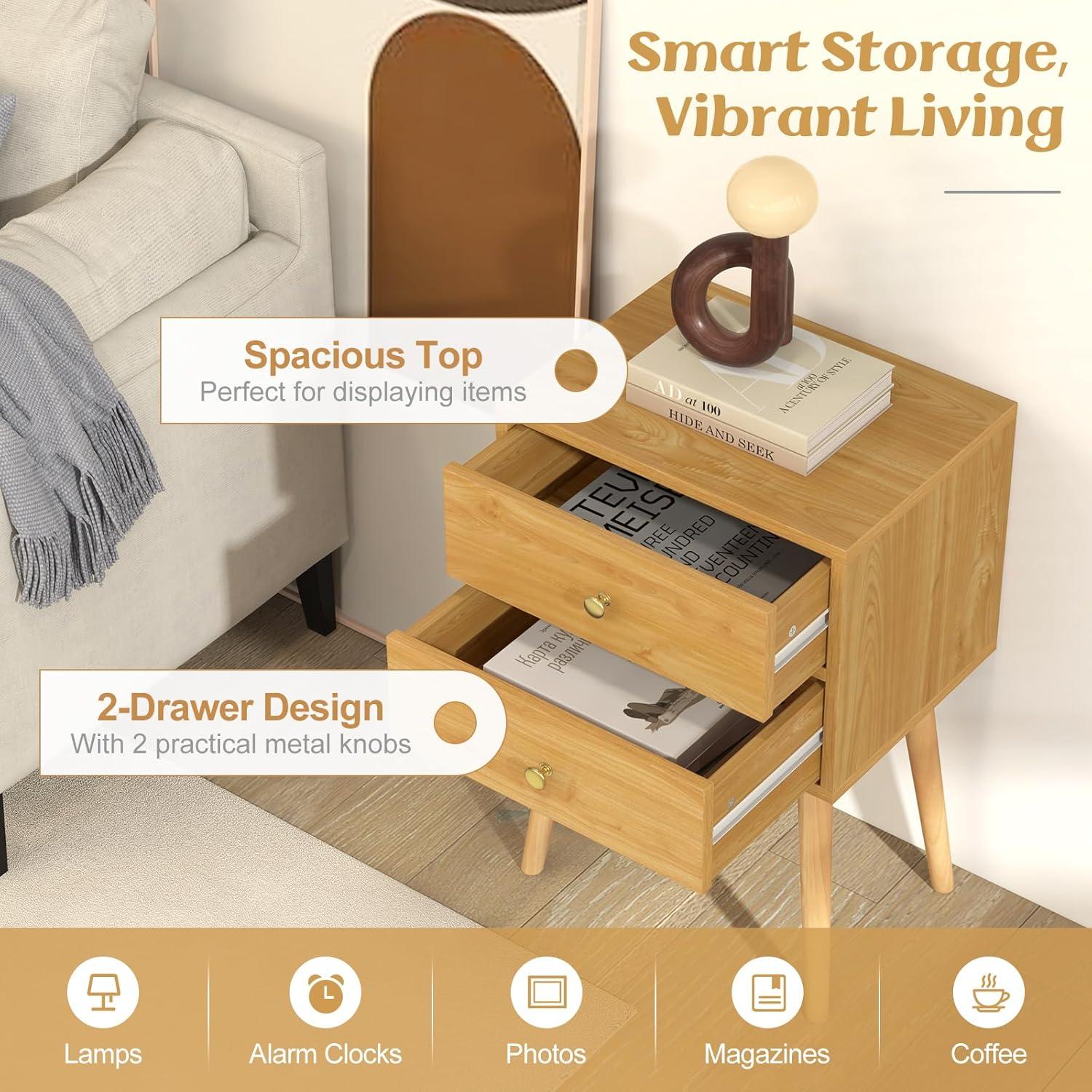 Nightstand W/2 Drawers For Bedroom Living Room Small Spaces Modern Home Furniture Simple Natural Legs Storage End Side Tables (1, Natural)