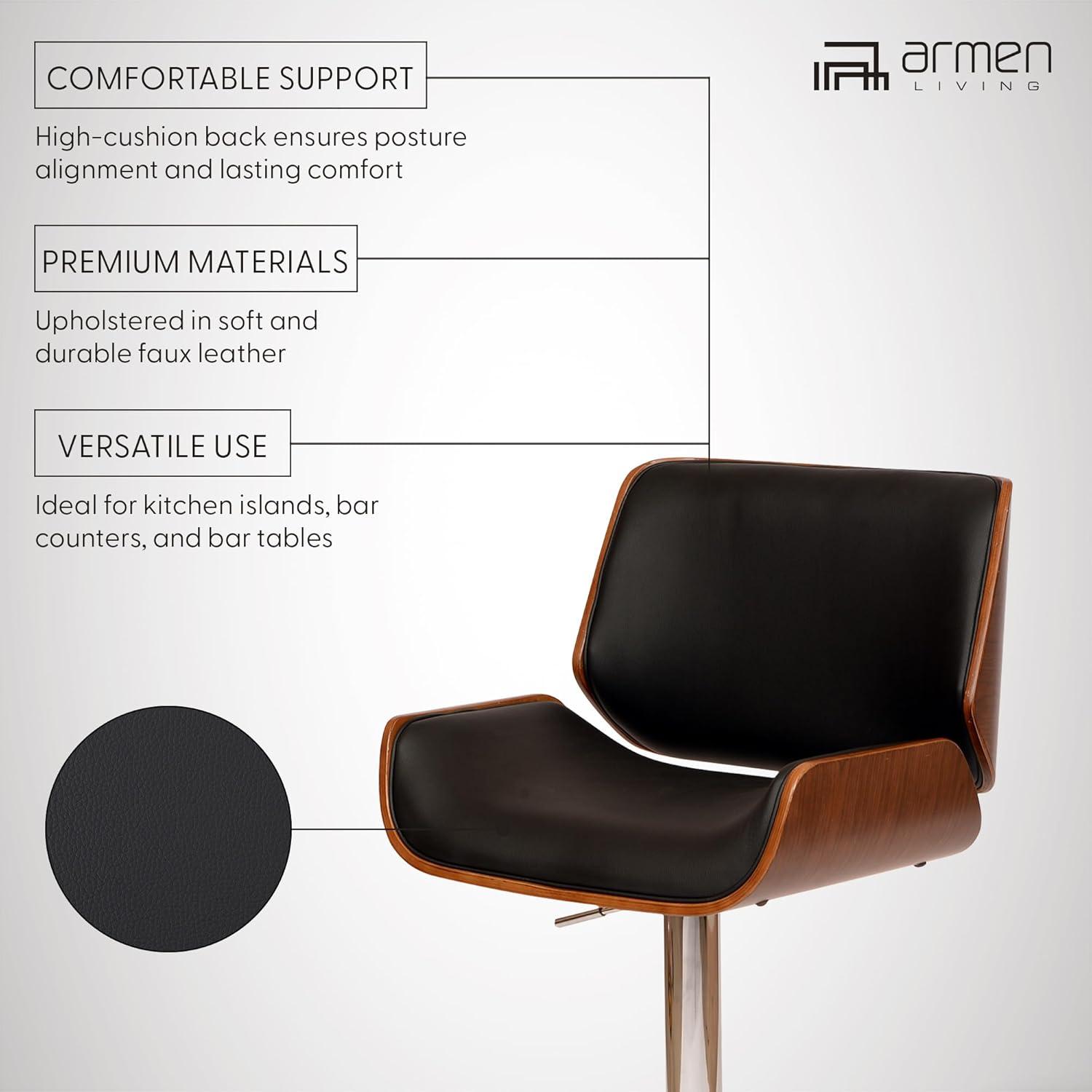 London Swivel Barstool Black/Walnut - Armen Living: Chrome Metal, Adjustable, Faux Leather