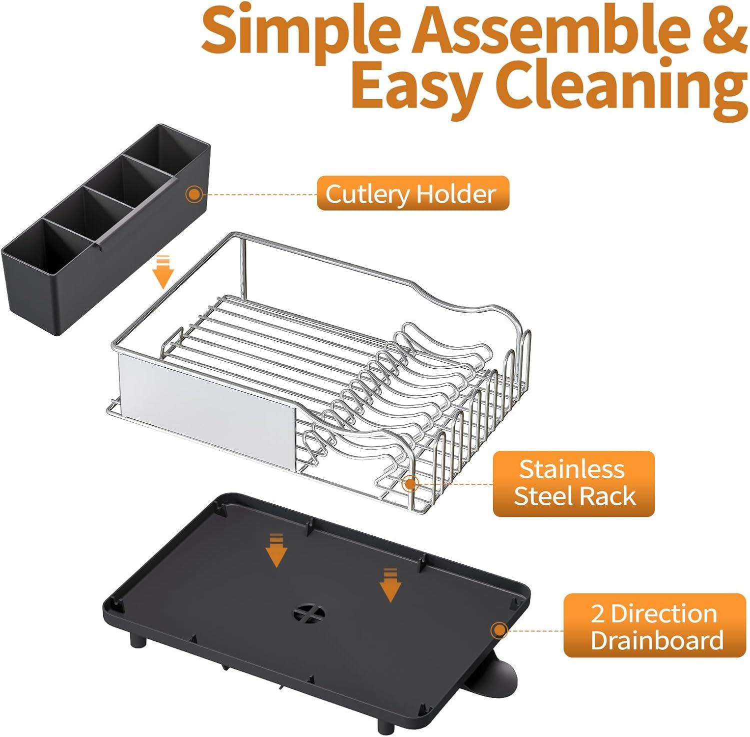 Dish Drying Rack - 304 Large Stainless Steel Dish Drainer for Kitchen Counter, Multifunctional Rust Resistant Kitchen Organizer and Easy Cleaning Storage Rack with Cutlery Holder Drip Tray
