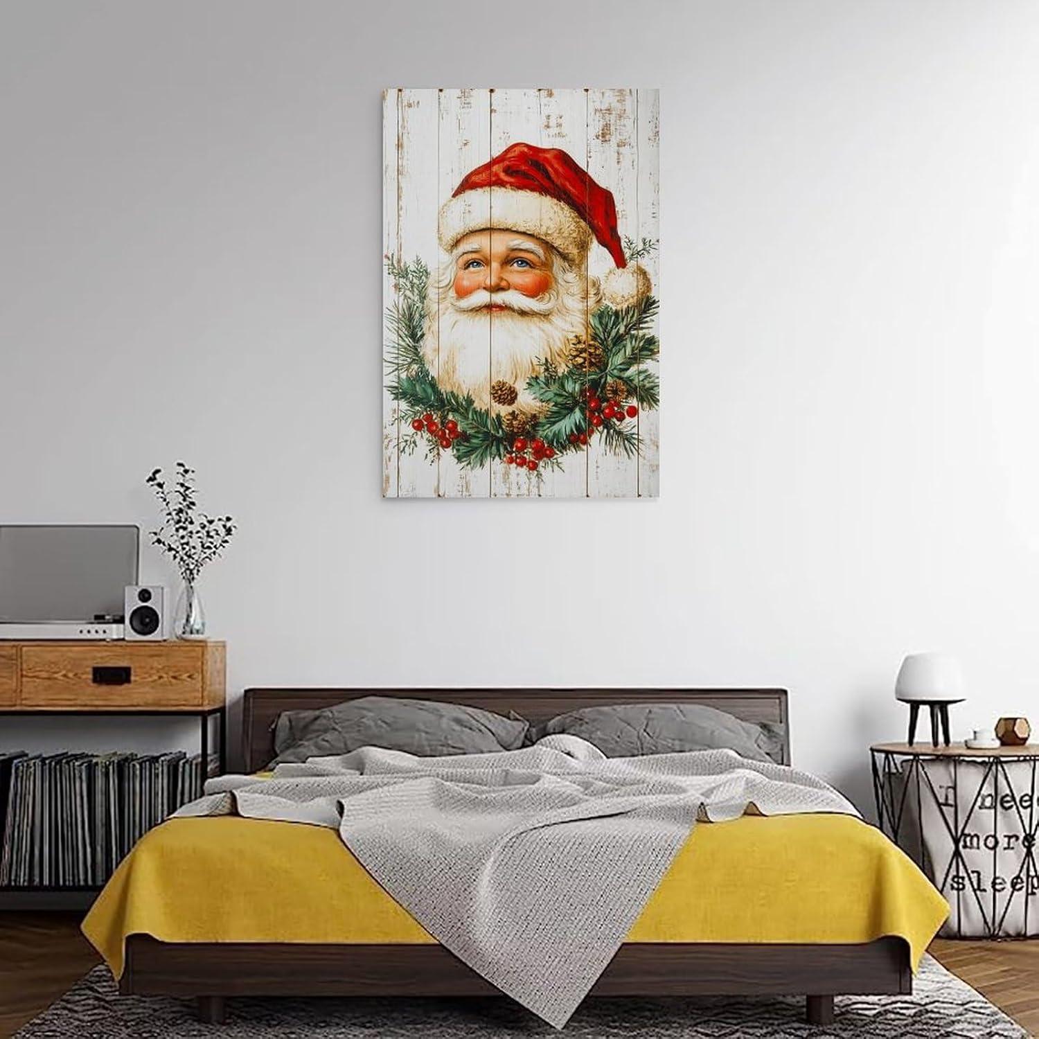 Reccmeny Vintage Christmas Canvas Wall Art, Santa Claus Pictures for Wall Decor, Xmas Poster Santa white Wooden Texture Picture, Holiday Wall Decorations Gifts