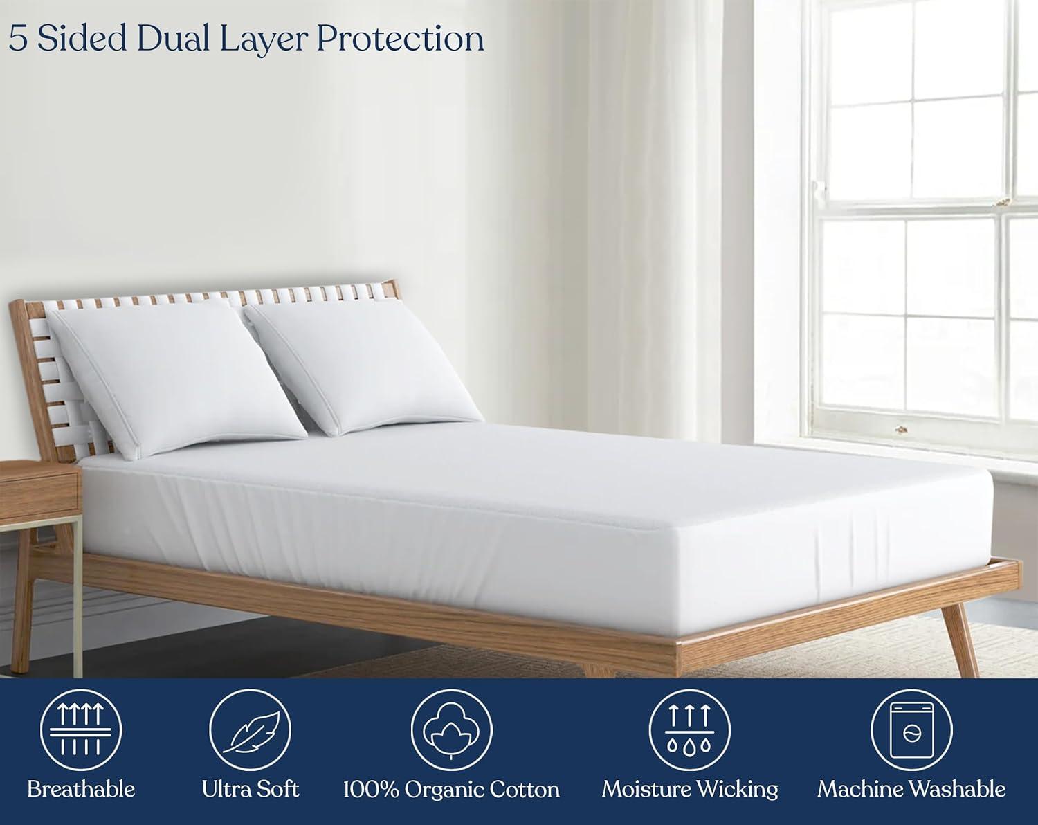 Delara GOTS Certified 100% Organic Cotton Mattress Protector, 300TC Hypoallergenic Cover