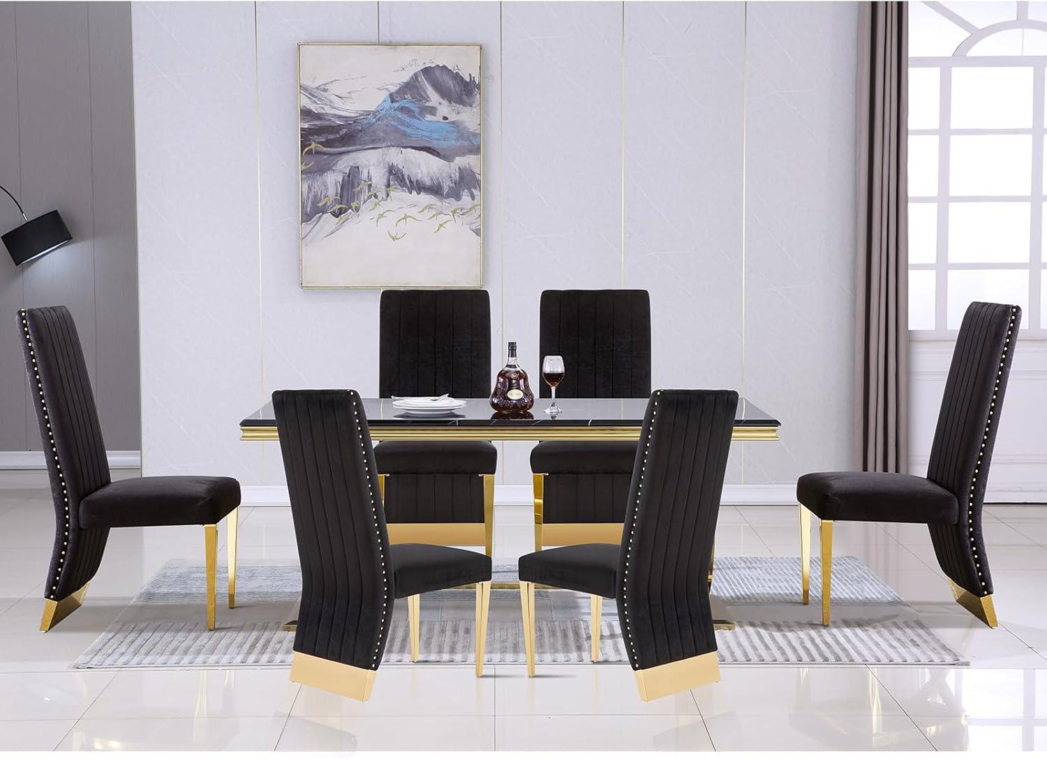 7 Pieces Black and Gold Dining Table Set, Kitchen and Dining Room Table Set with 6 Black Velvet Upholstered Chairs, 72" Rectangular Dining Table Set for 6