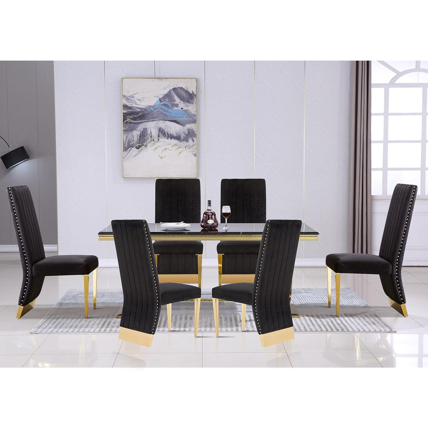 7 Pieces Black and Gold Dining Table Set, Kitchen and Dining Room Table Set with 6 Black Velvet Upholstered Chairs, 72" Rectangular Dining Table Set for 6