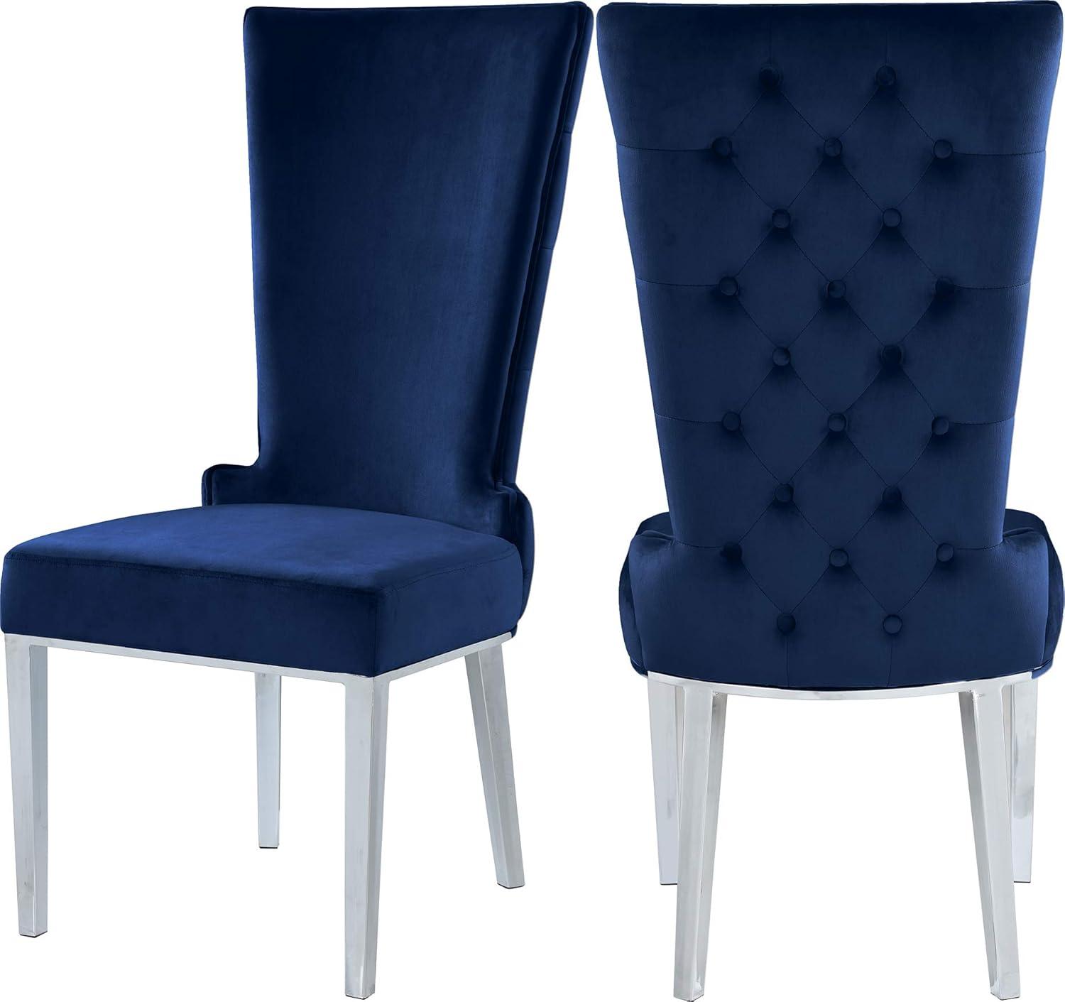 Regal Navy Velvet High-Back Dining Chair with Chrome Legs