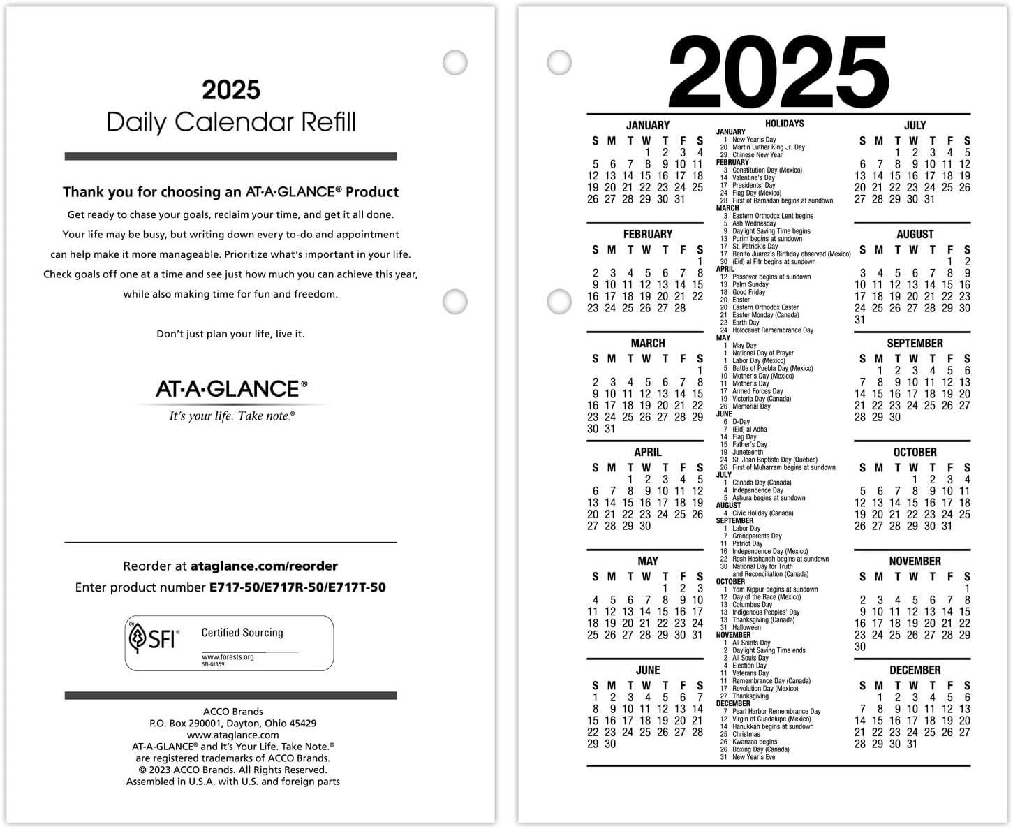 AT-A-GLANCE 2025 Daily Loose-Leaf Desk Calendar Refill Standard 3 12 x 6 - Desk