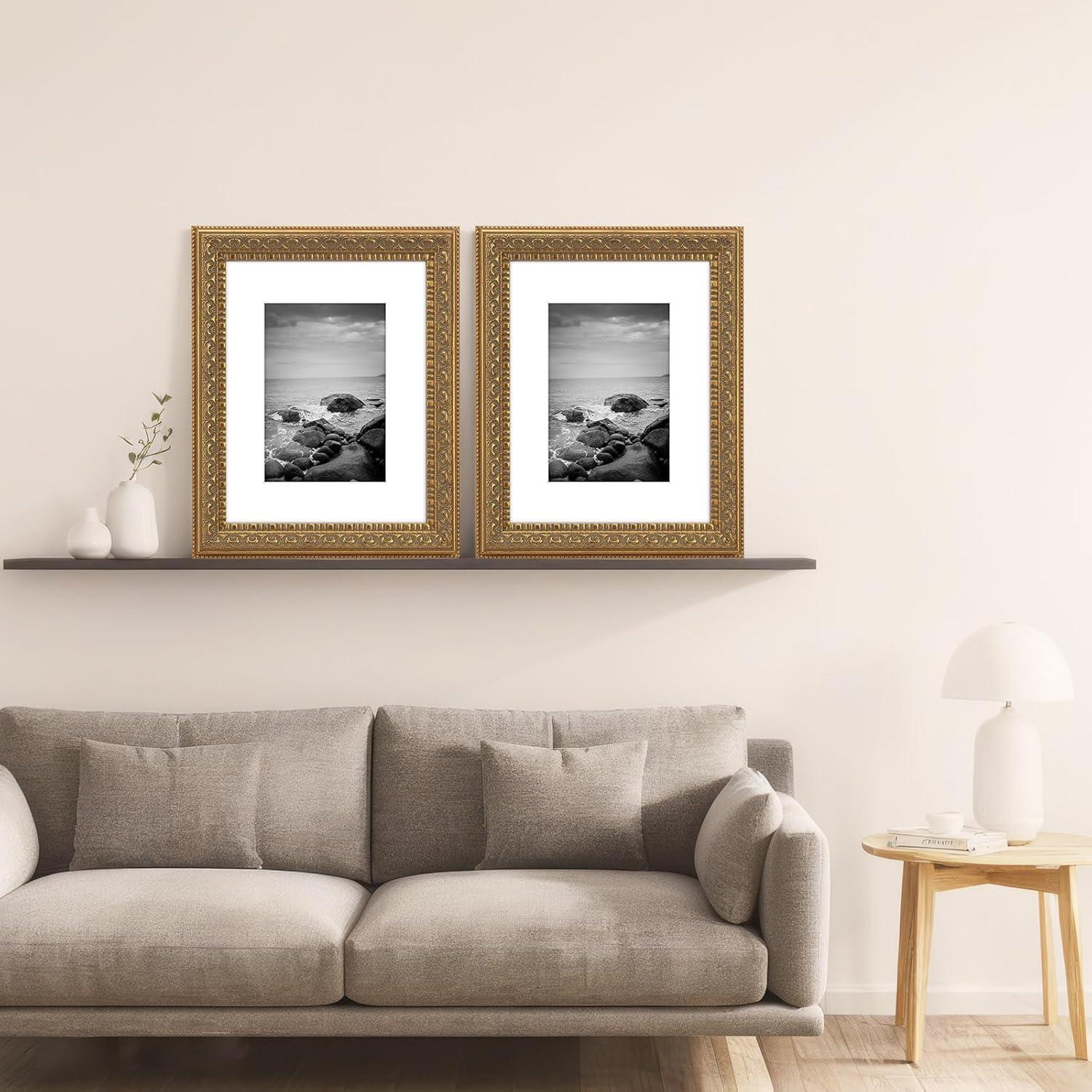 8x10 in Antique Gold Ornate Classic Picture Frame, Matted for 5x7 Photos, Real Glass Protection, Tabletop or Wall Mounting Display