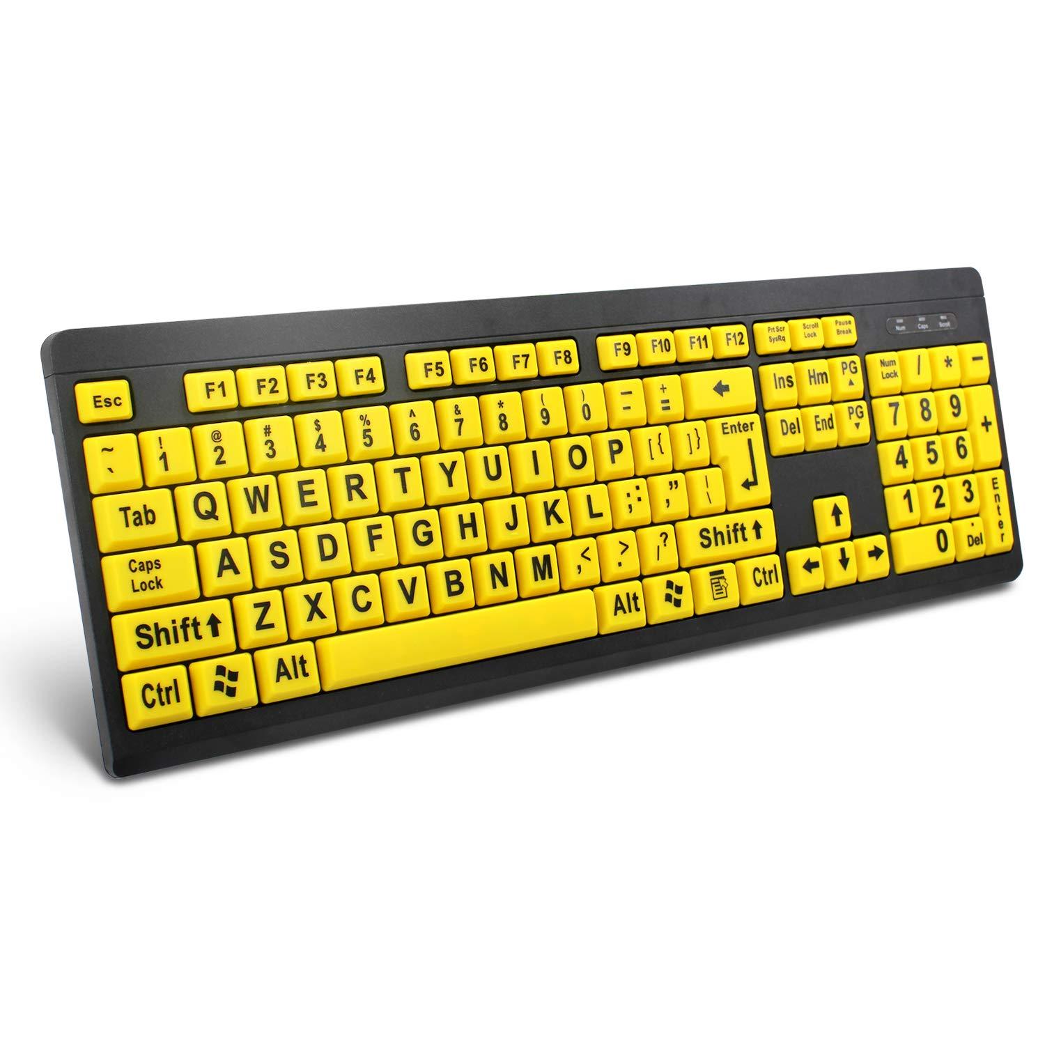 Large Print Computer Keyboard, Wired USB High Contrast Keyboard with Oversized Print Letters for Visually Impaired Low Vision Individuals (Yellow+Black)
