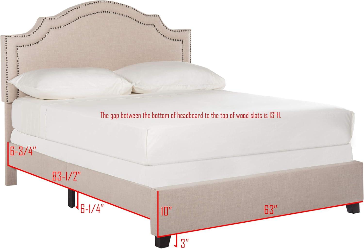 SAFAVIEH Theron Modern Elegant Upholstered Bed Frame with Nail Heads, Full, Light Beige/Brass Nails