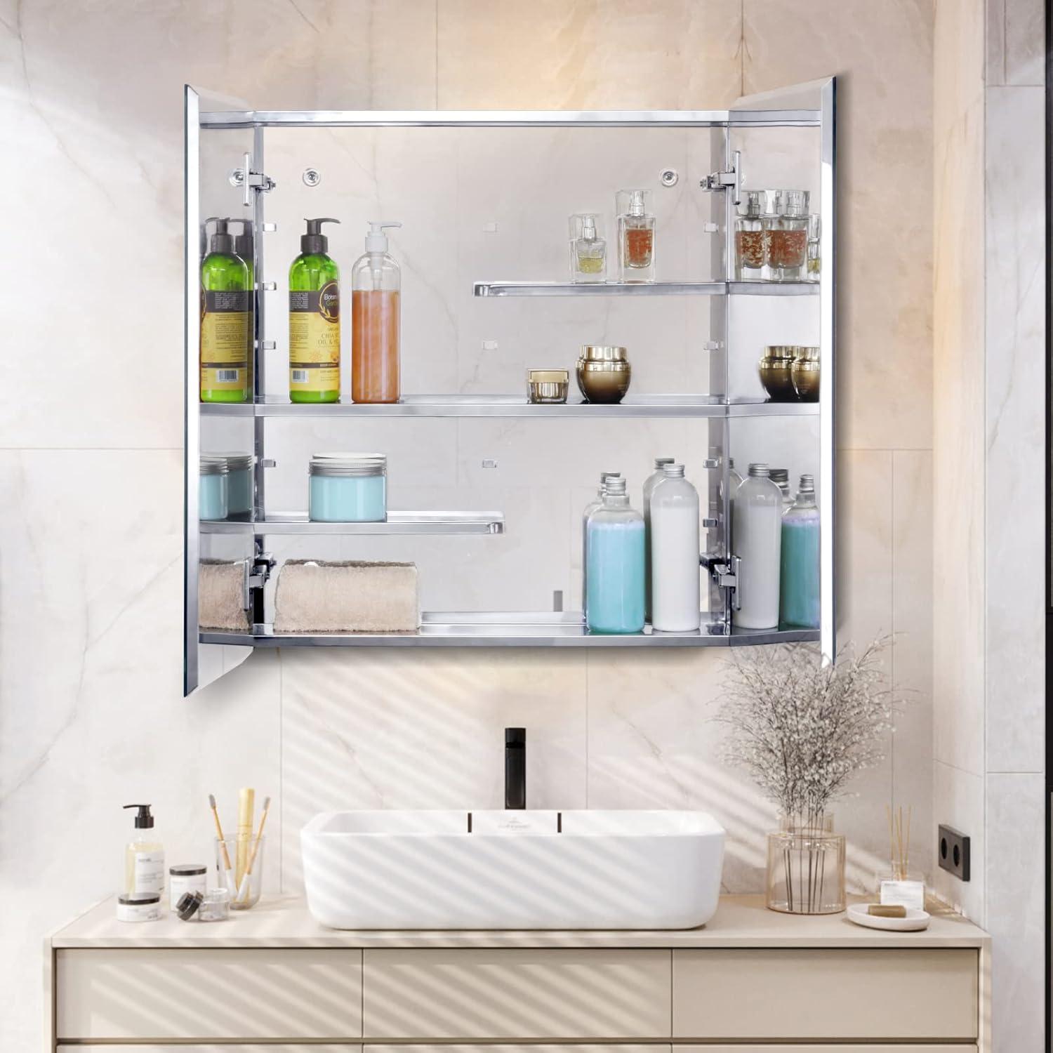 Stainless Steel Medicine Cabinet with Adjustable Shelves and Mirror Doors