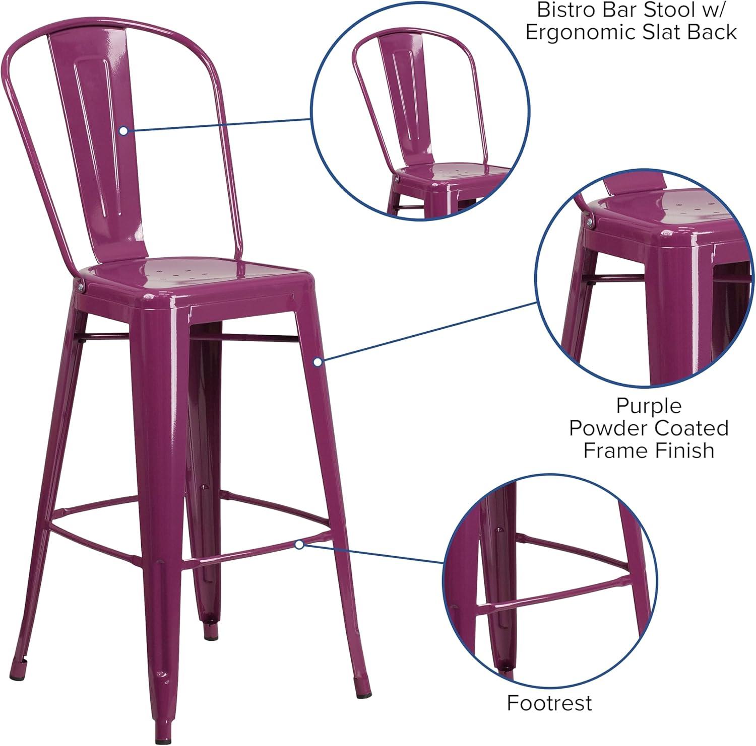 Flash Furniture Commercial Grade 30" High Purple Metal Indoor-Outdoor Barstool with Back