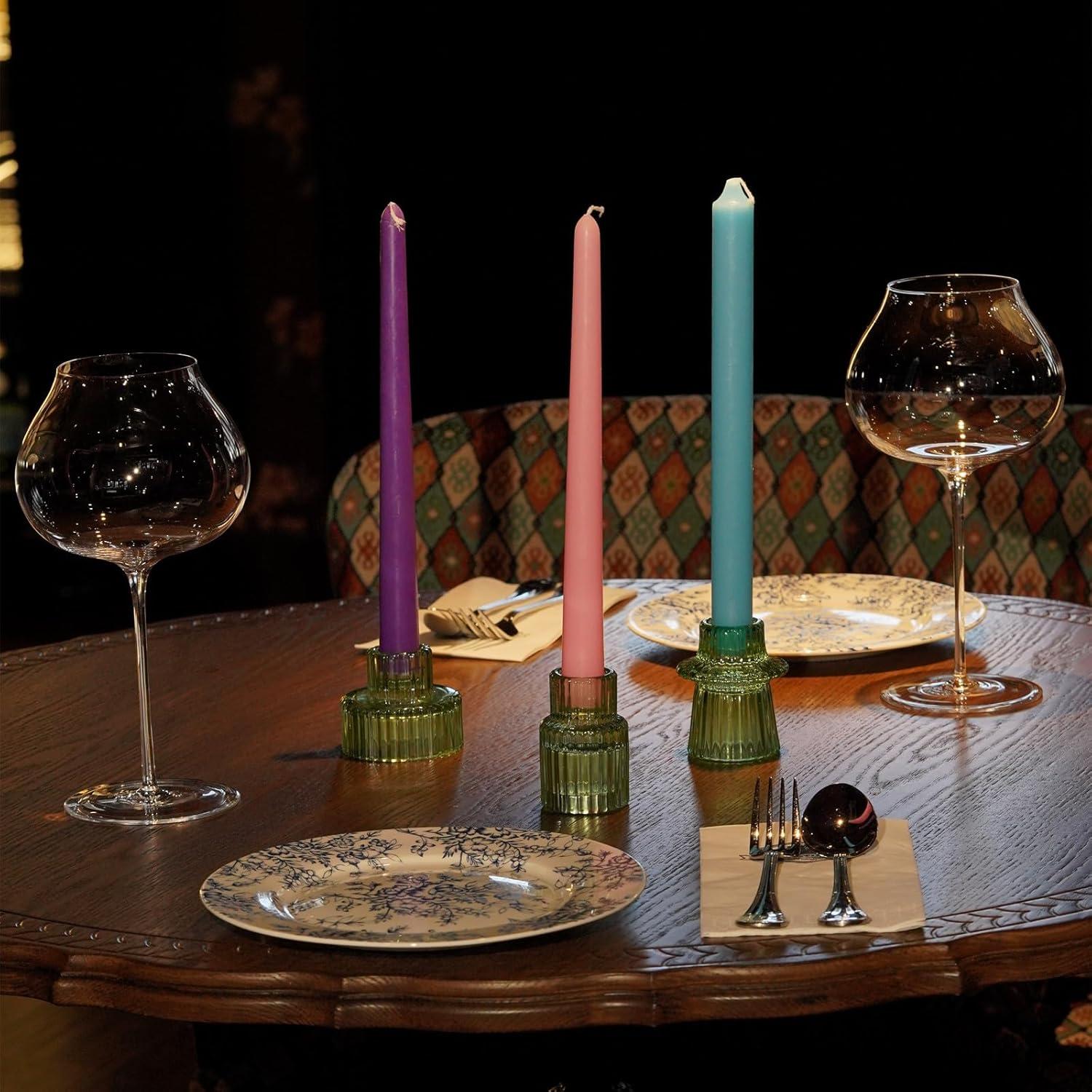 Green Glass Taper Candle Holders Set of 6