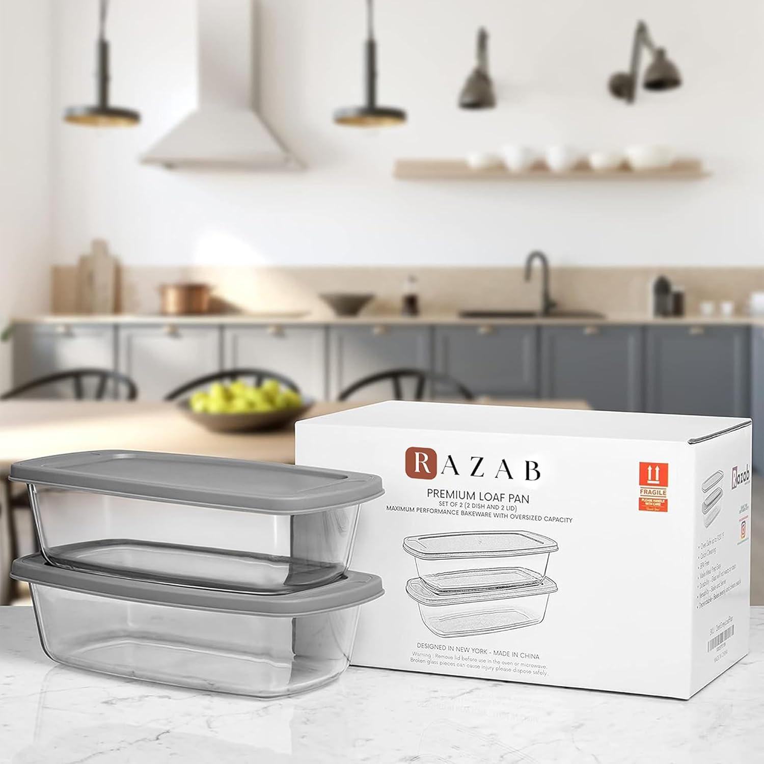 Razab LARGE 7.6 Cups/1800 ML/1.9 Qt Glass Loaf Pan with Lids (Set of 2) - Meatloaf Pan BPA free Airtight Lids Grip Handle Easy Carry, Microwave and Oven Safe - Loaf Pans For Baking Bread, Cakes