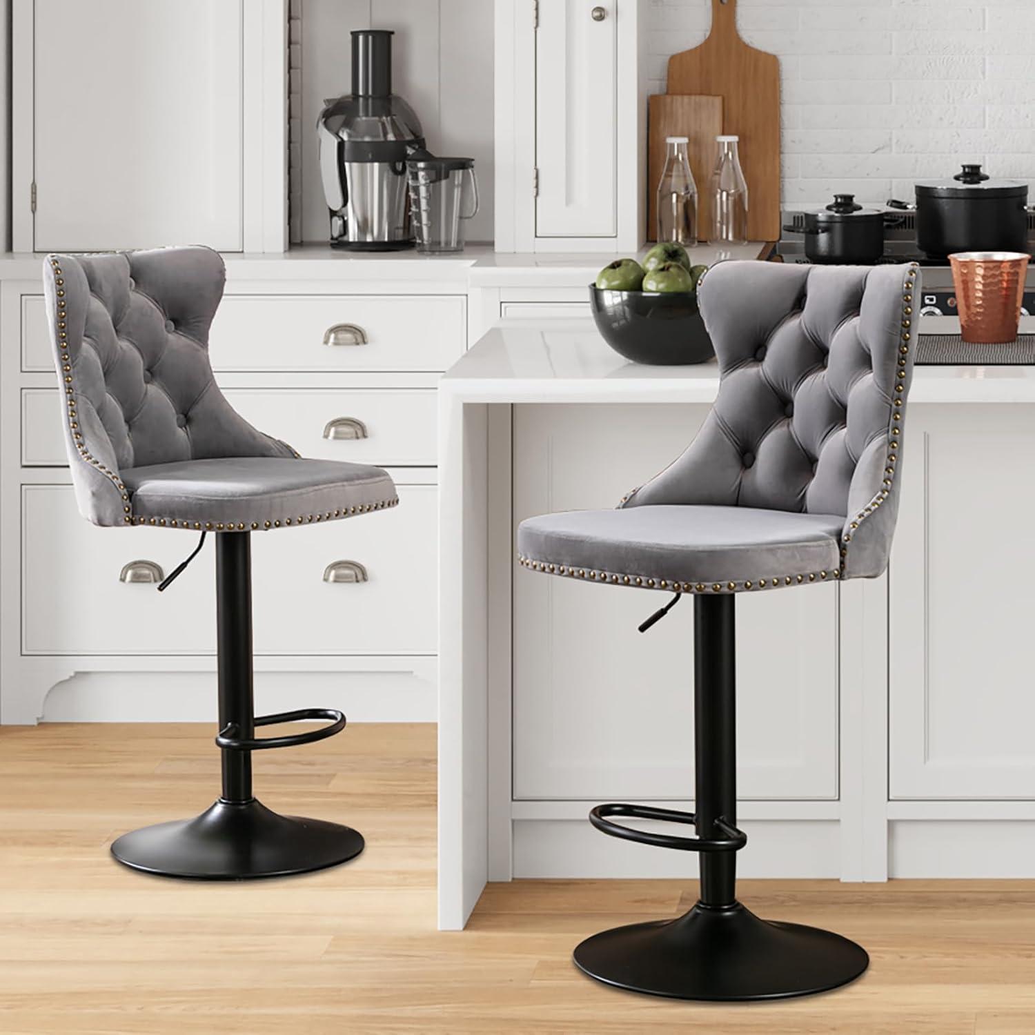 VYNXARIA Swivel Velvet Barstools Adjusatble Seat Height from 25-33 Inch,17.7 inch base, Modern Upholstered Bar Stools,Gray,Set of 2