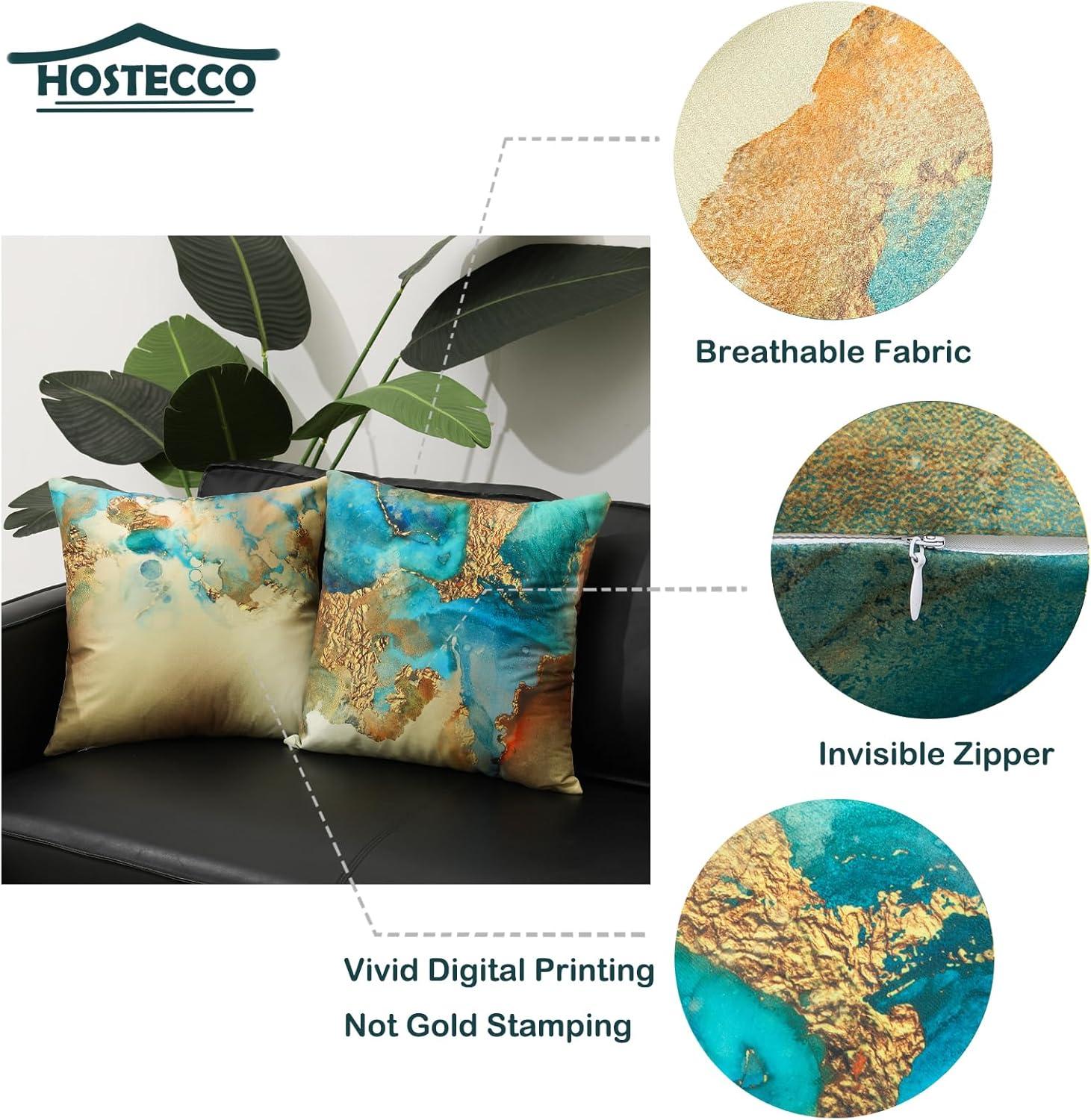 HOSTECCO Teal and Gold Throw Pillow Covers 18x18 inch Set of 4 Turquoise Gold Abstract Pillow Cases Modern Decorative Cushion Covers for Sofa Couch