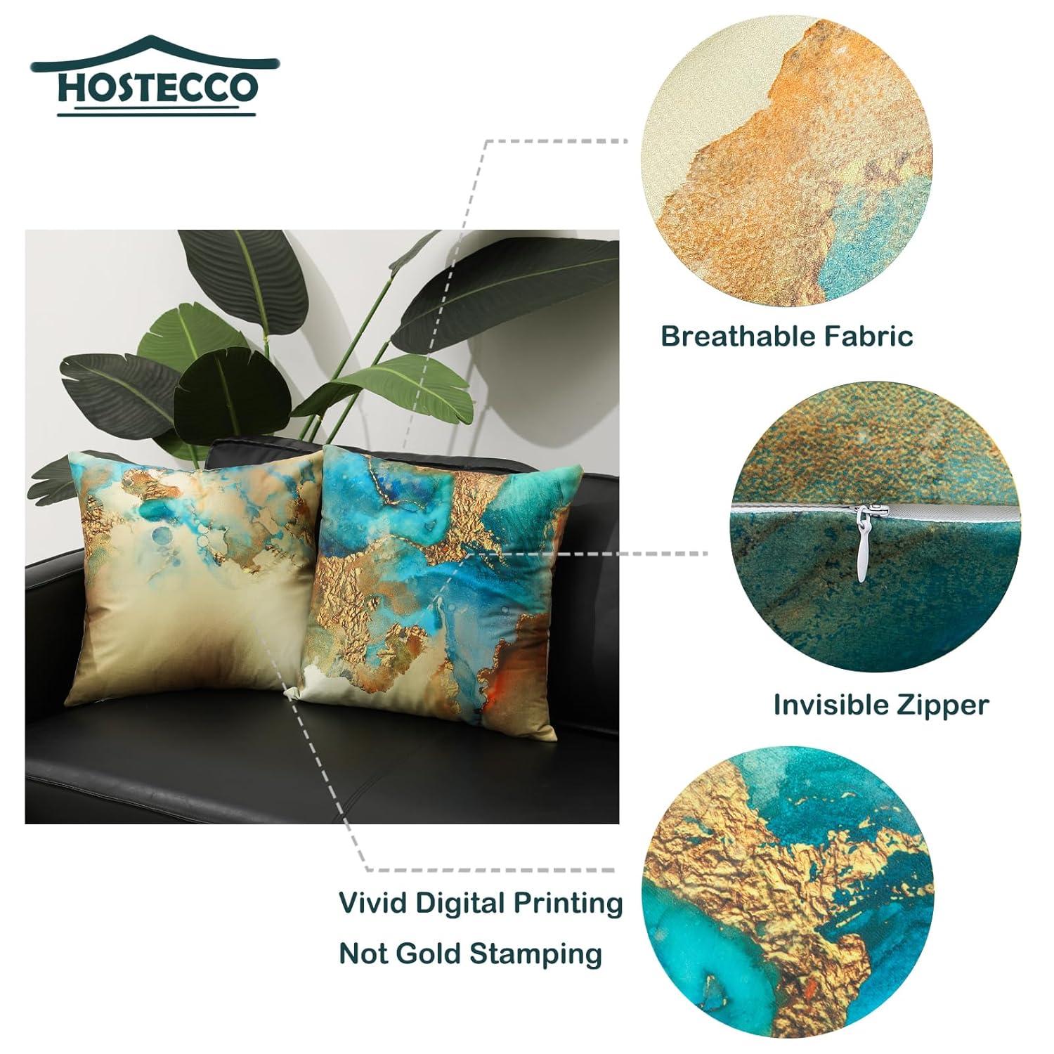 HOSTECCO Teal and Gold Throw Pillow Covers 18x18 inch Set of 4 Turquoise Gold Abstract Pillow Cases Modern Decorative Cushion Covers for Sofa Couch