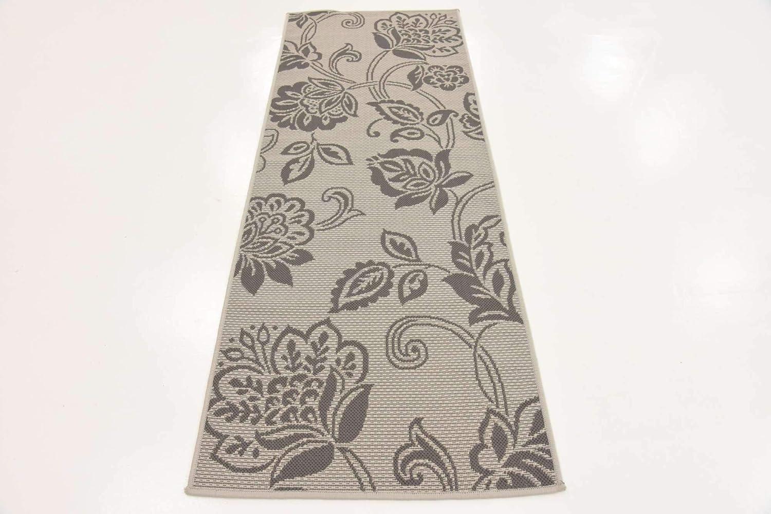 Reversible Gray Outdoor Runner Rug with Botanical Design, Easy-Care Synthetic