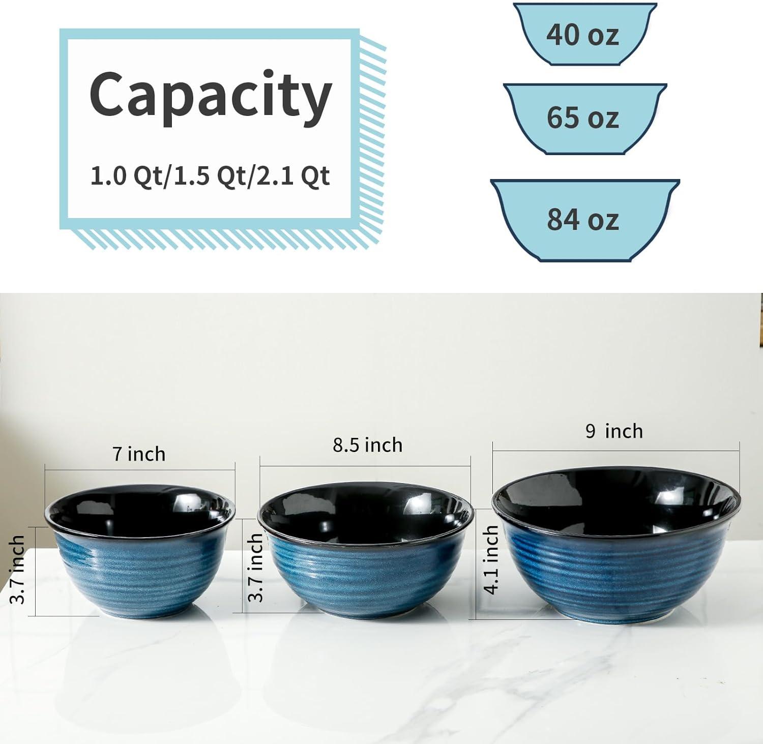 Blue Ceramic Round Mixing Bowl Set, 2 Quarts