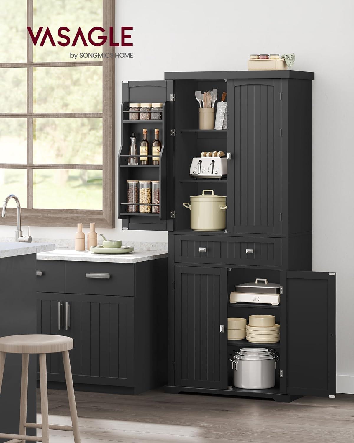 Ink Black Tall Freestanding Kitchen Pantry Cabinet with Adjustable Shelves