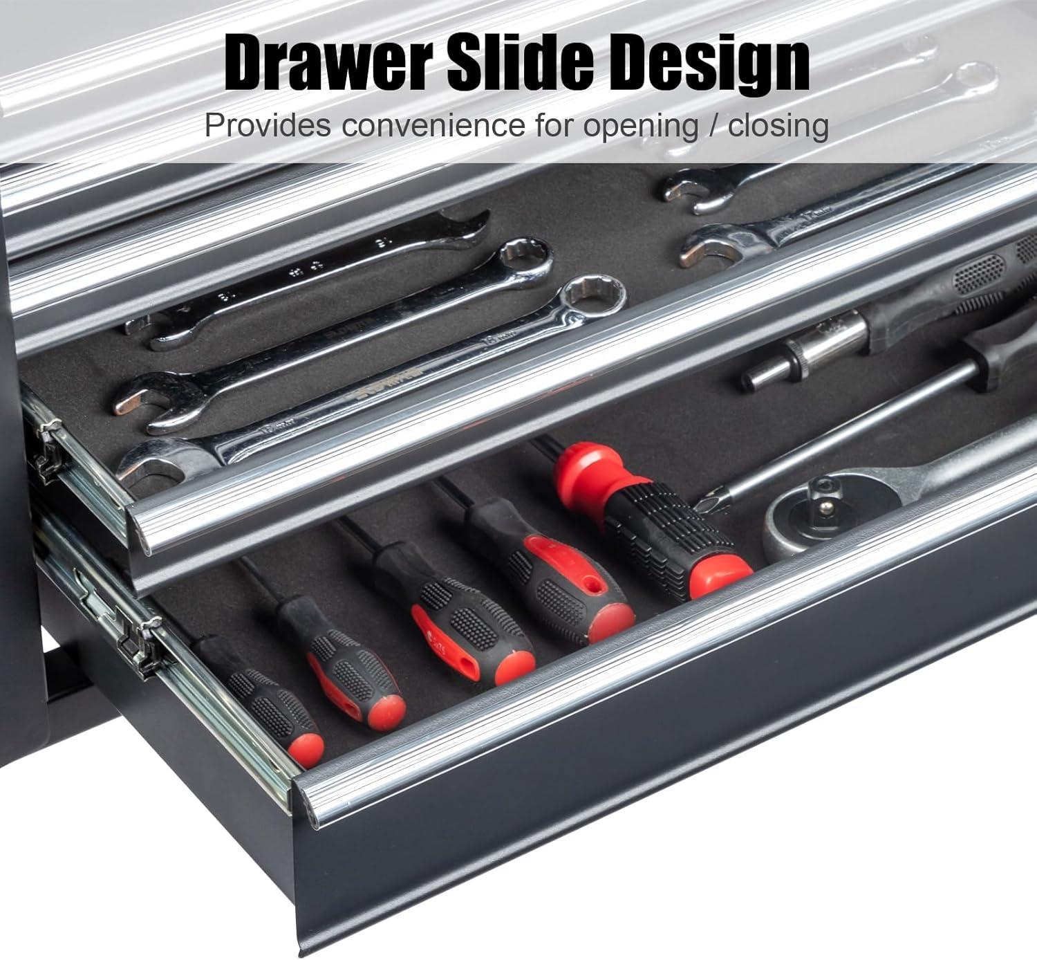 INDSUMOT 24" Portable Tool Box, 5 Drawers & Top Storage Tray Tool Box with Drawers, Lockable Metal Tool Chest Cabinet for Garage, Warehouse, Repair Shop & Home, Red