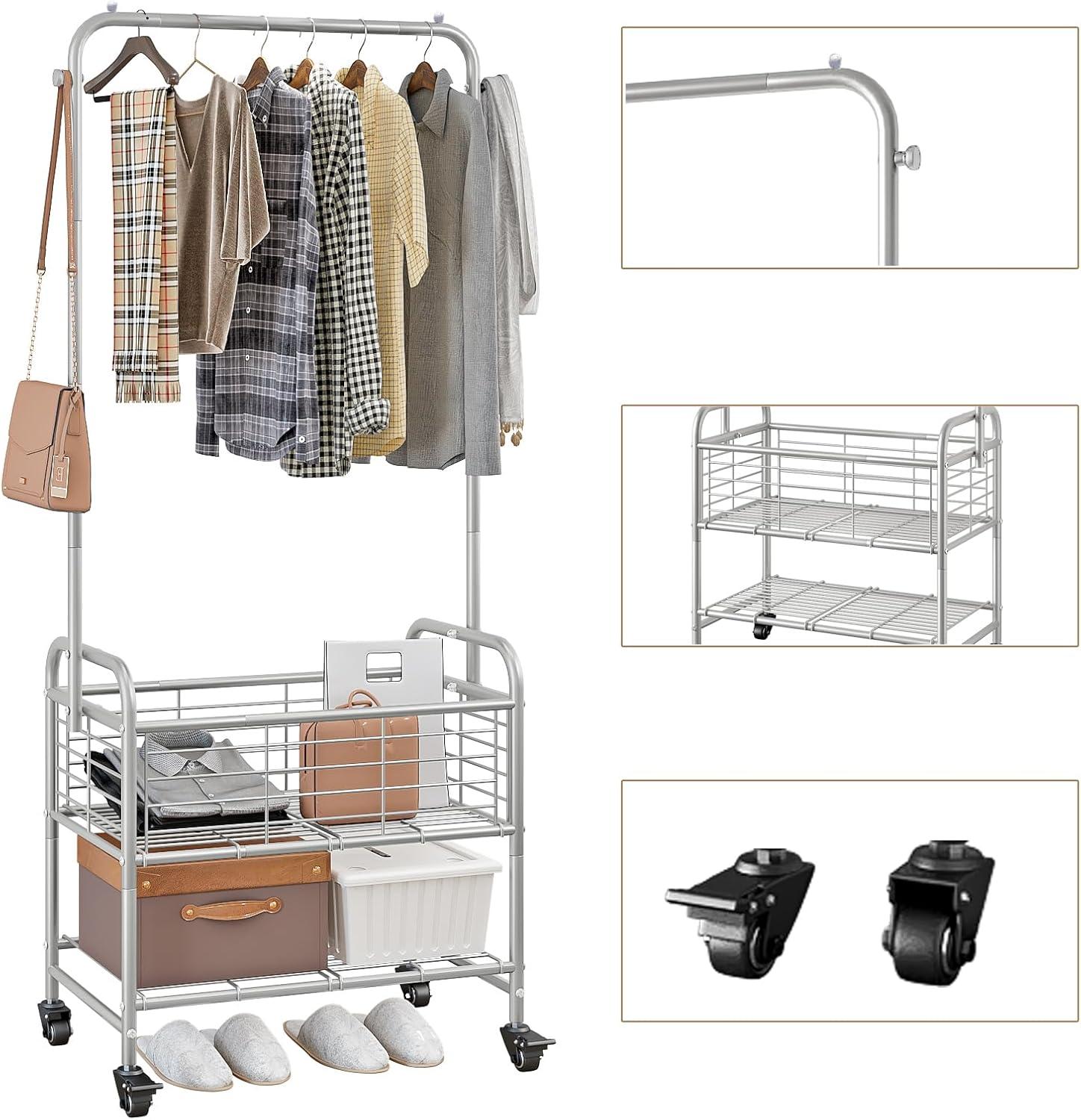 Gray Metal Laundry Sorter with Wheels and Hanging Rack