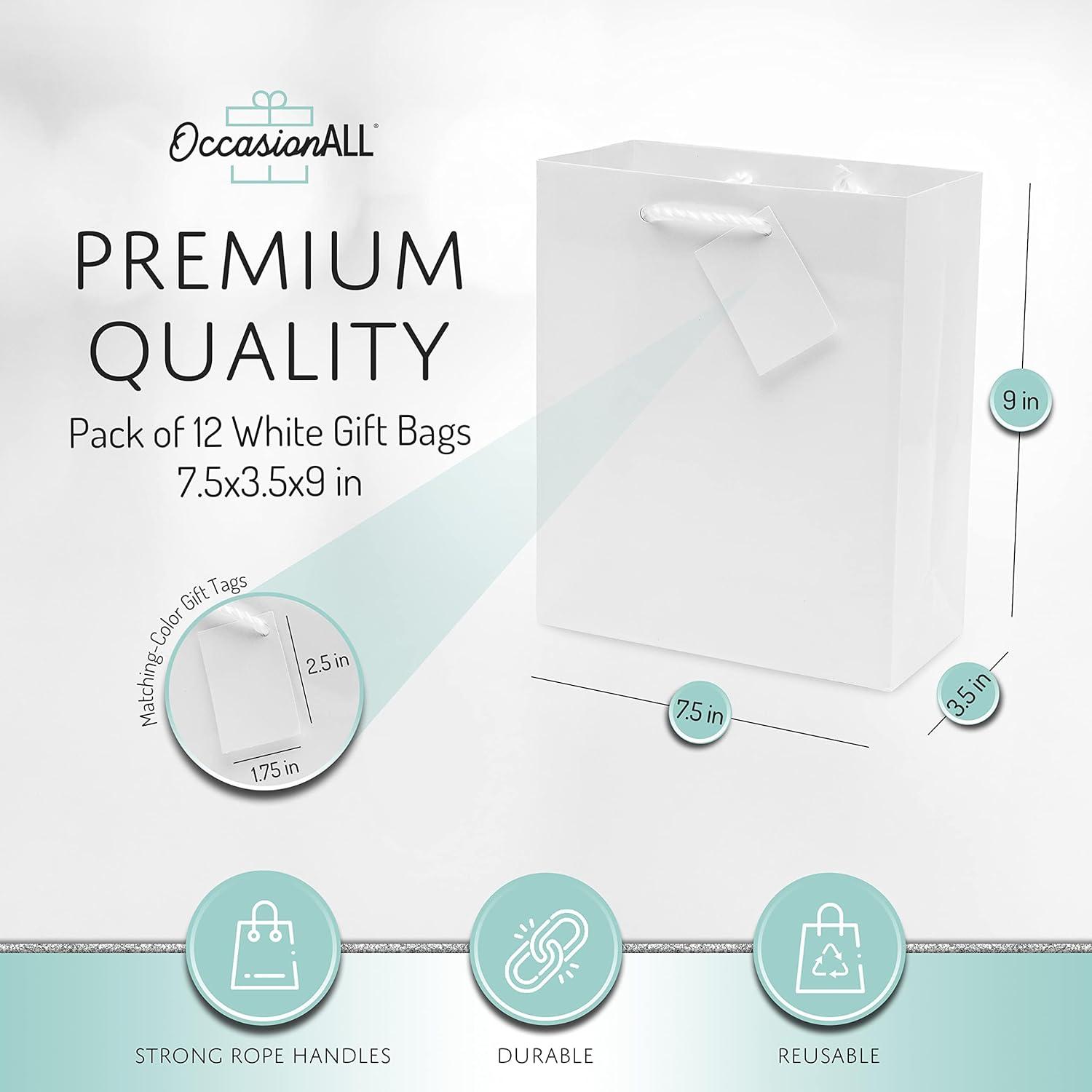 Glossy White Medium Paper Gift Bags with Handles, 12 Pack
