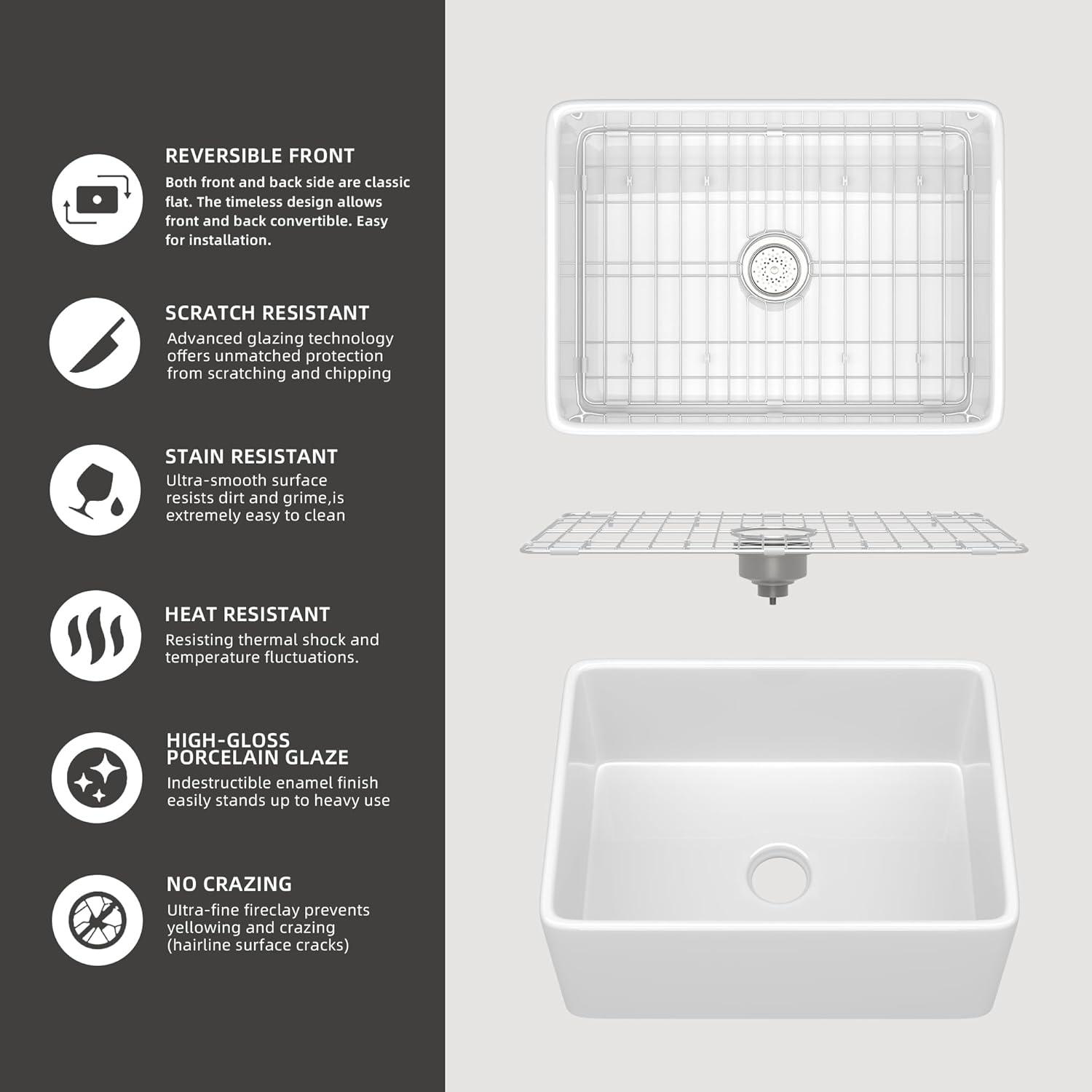 Small Farmhouse Sink 24 X18 White Fireclay Undermount Kitchen Sinks Deep Single Bowl Drop in Modern Apron Front Farm Sink For Kitchen with Protective Bottom Grid and Strainer