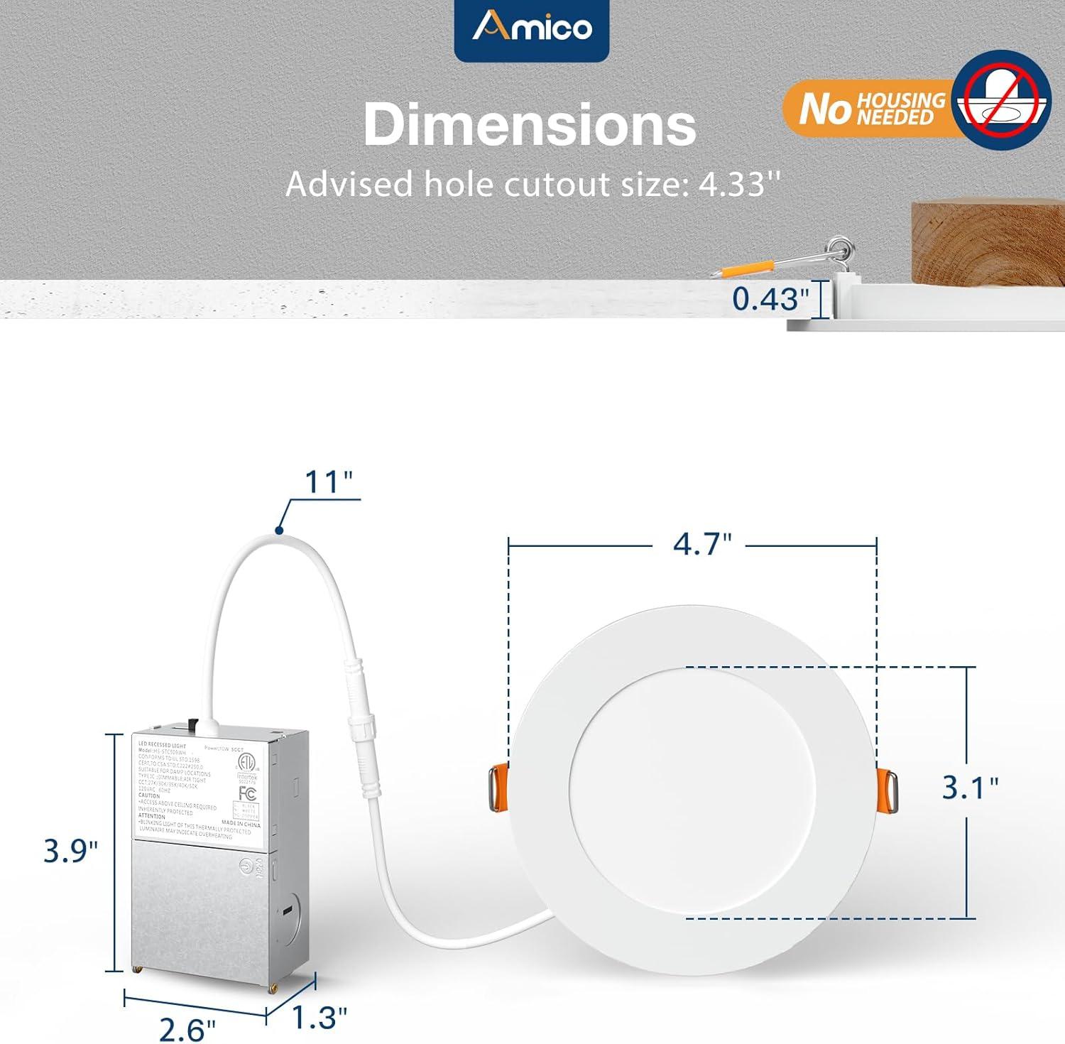 Amico 12 Pack 4 Inch Ultra-Thin Dimmable LED Recessed Lights