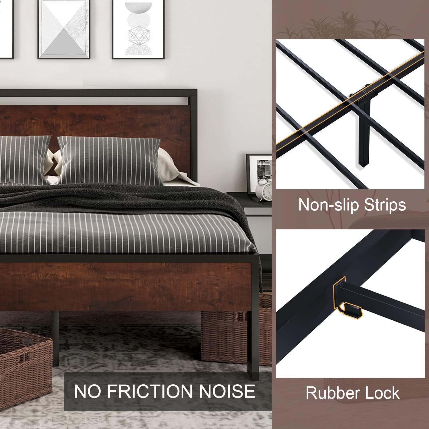 Sha Cerlin King Size Metal Platform Bed Frame with Wooden Headboard & Footboard, Mahogany