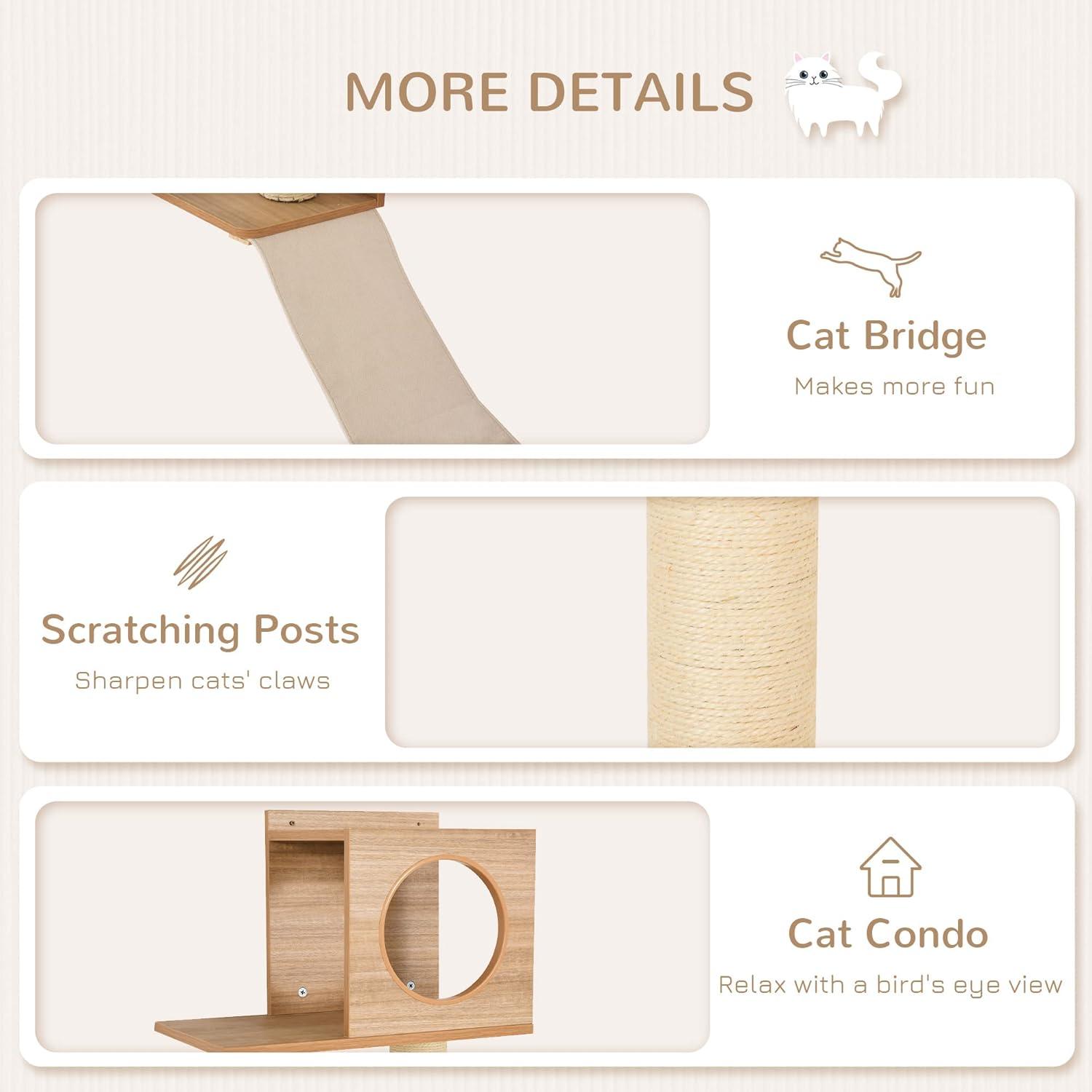 PawHut Wall-Mounted Multi-Level Cat Tree Activity Tower w/ Sisal Scratch Posts