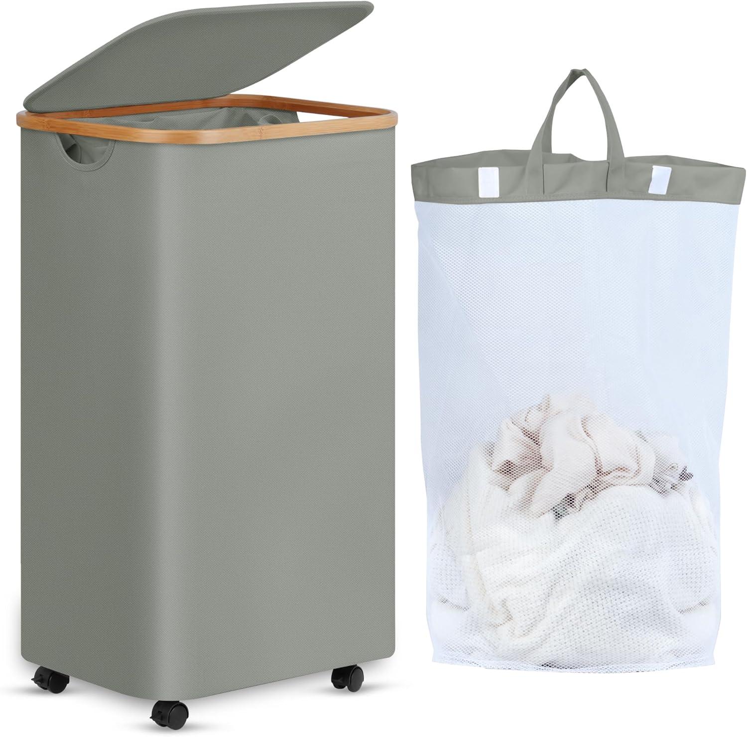 Hokku Designs Laundry Basket On Wheels With Lid And Removable Bag, Grey