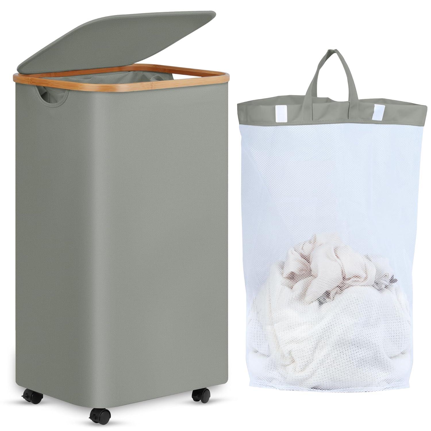 Hokku Designs Laundry Basket On Wheels With Lid And Removable Bag, Grey