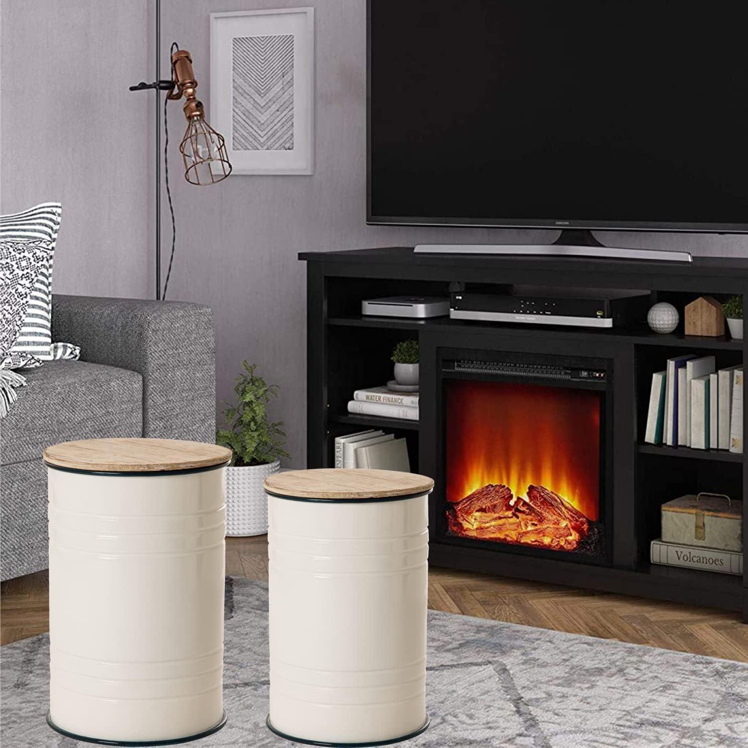 White Metal and Wood Farmhouse Storage Accent Stools, Set of 2