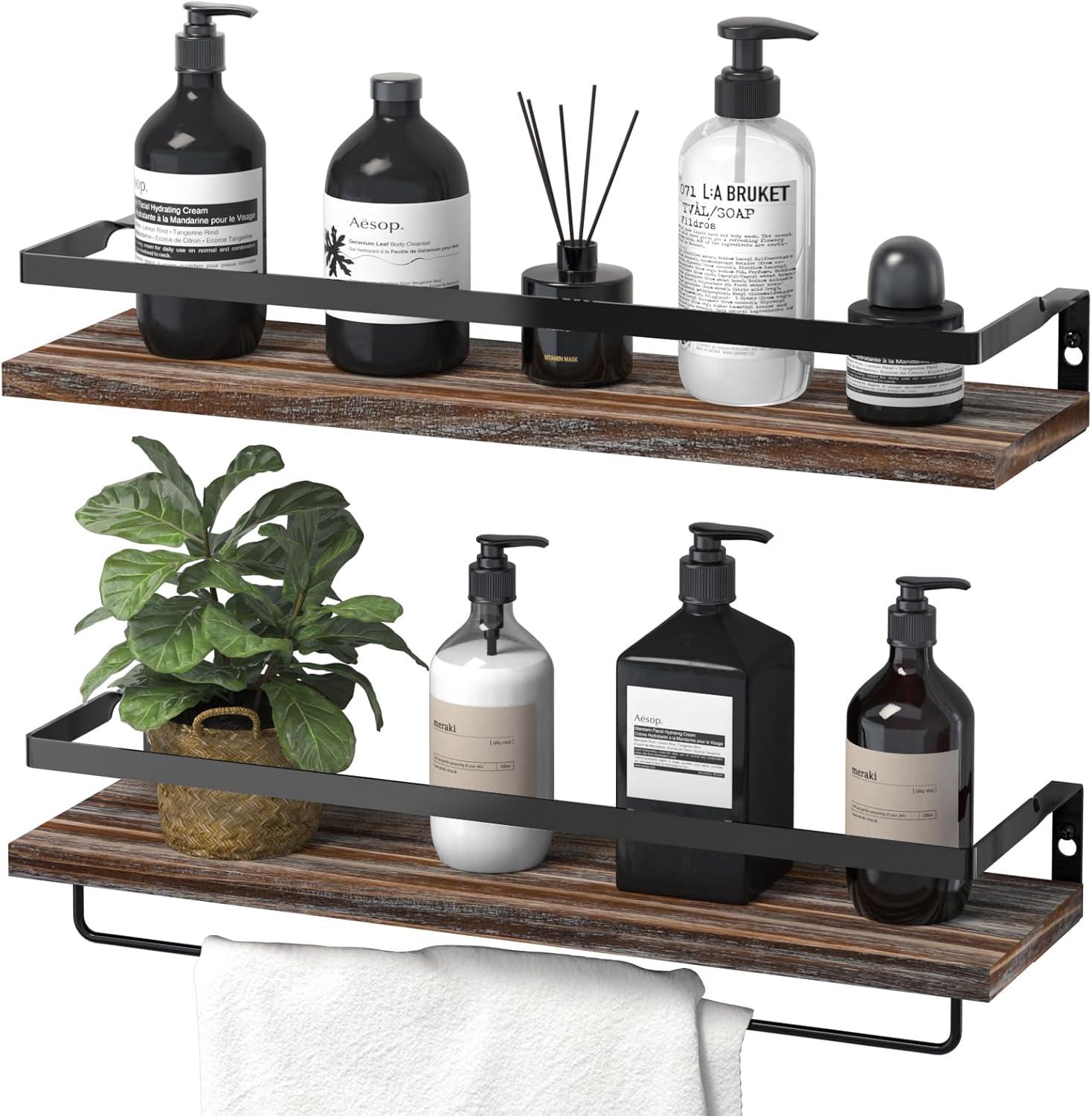 Whitewashed Gray Pine Floating Shelves with Towel Bar - Set of 2