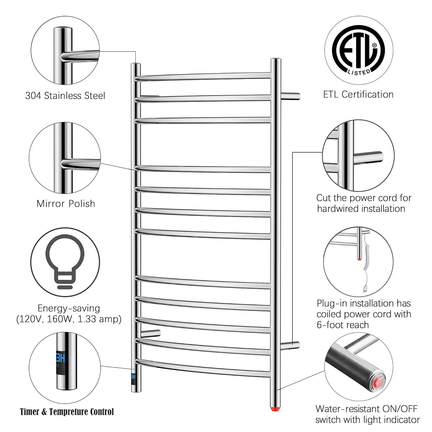 HEATGENE Towel Warmer Wall Mount Electric Plug-in/Hardwired Heated Towel Rack Mirror Polish