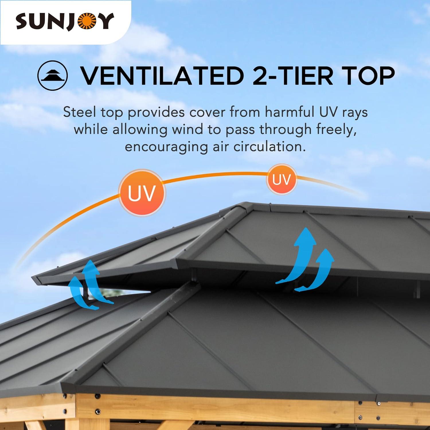 Sunjoy 12x16 ft. Wood Gazebo, Outdoor Patio Steel Hardtop Gazebo, Cedar Framed Wooden Gazebo with 2-tier Metal Roof, Suitable for Patios, Lawn, and Backyard, Dark Brown