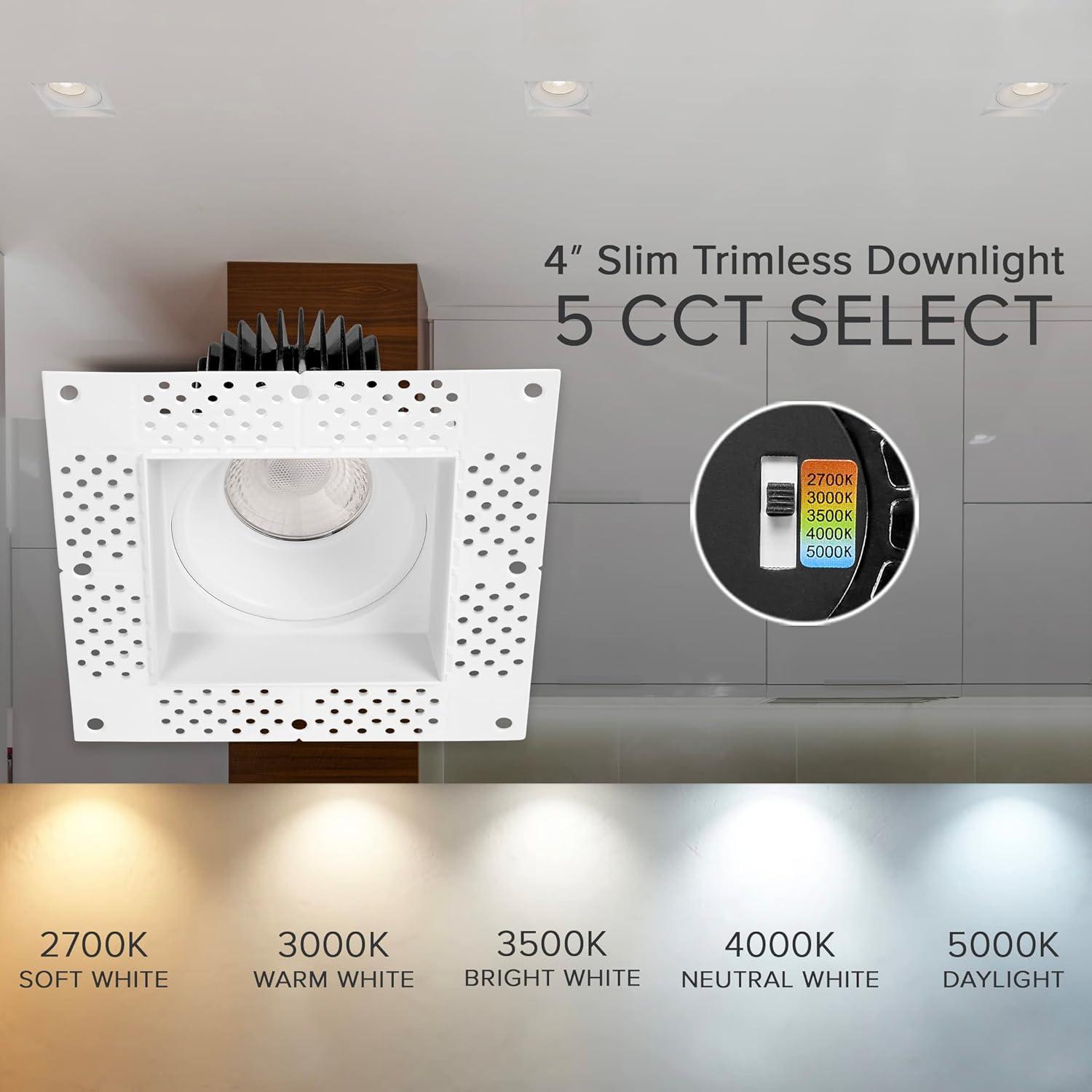 Maxxima 4” Trimless Ultra-Thin Recessed Anti-Glare LED Downlight Canless IC Rated 1000 Lumens 5 Color Temperature Selectable 2700K/3000K/3500K/4000K/5000K Dimmable 90 CRI 5 CCT Square Slim J-Box Incl.