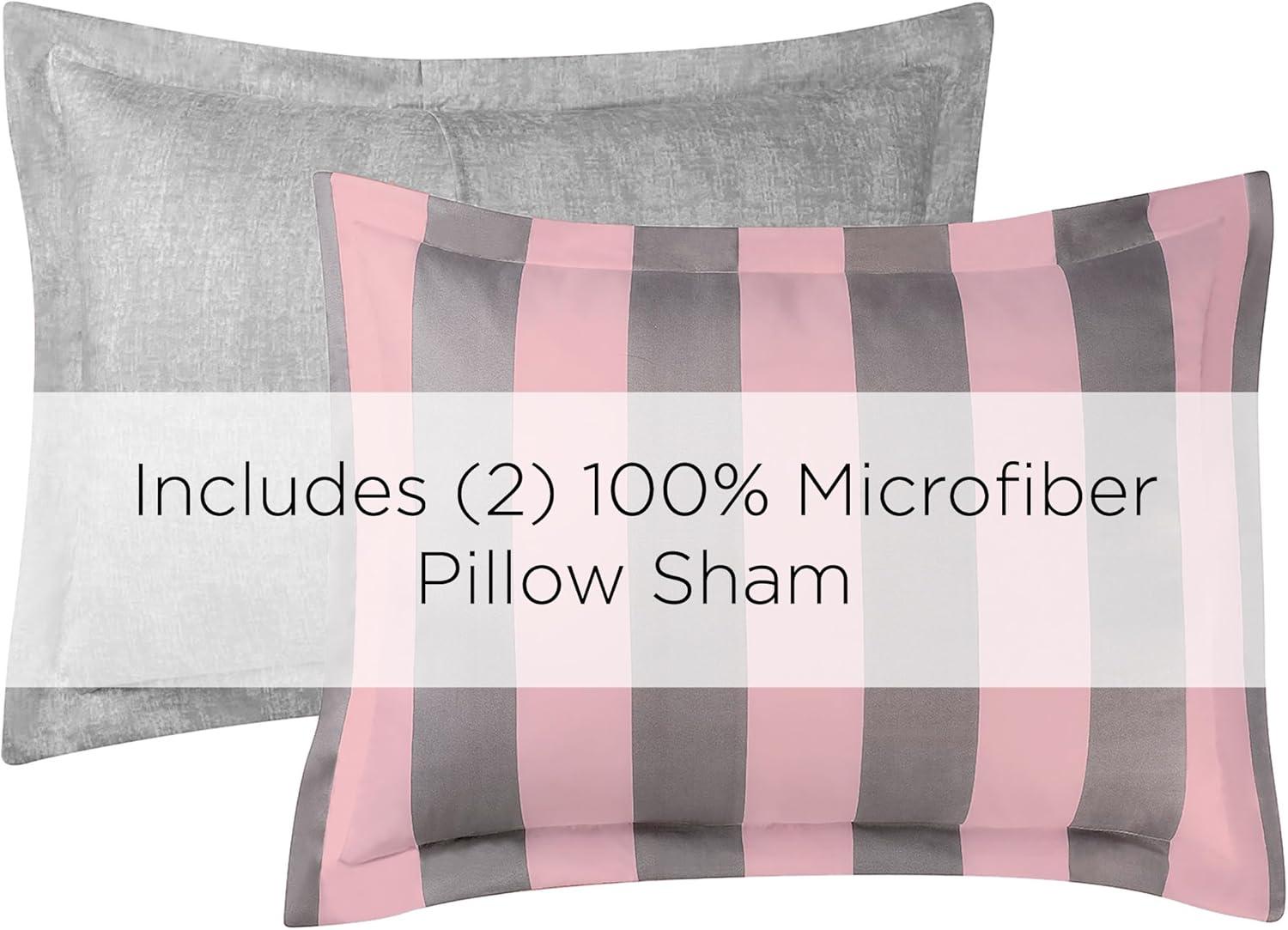 Full Size Grey and Pink Microfiber Reversible Comforter Set