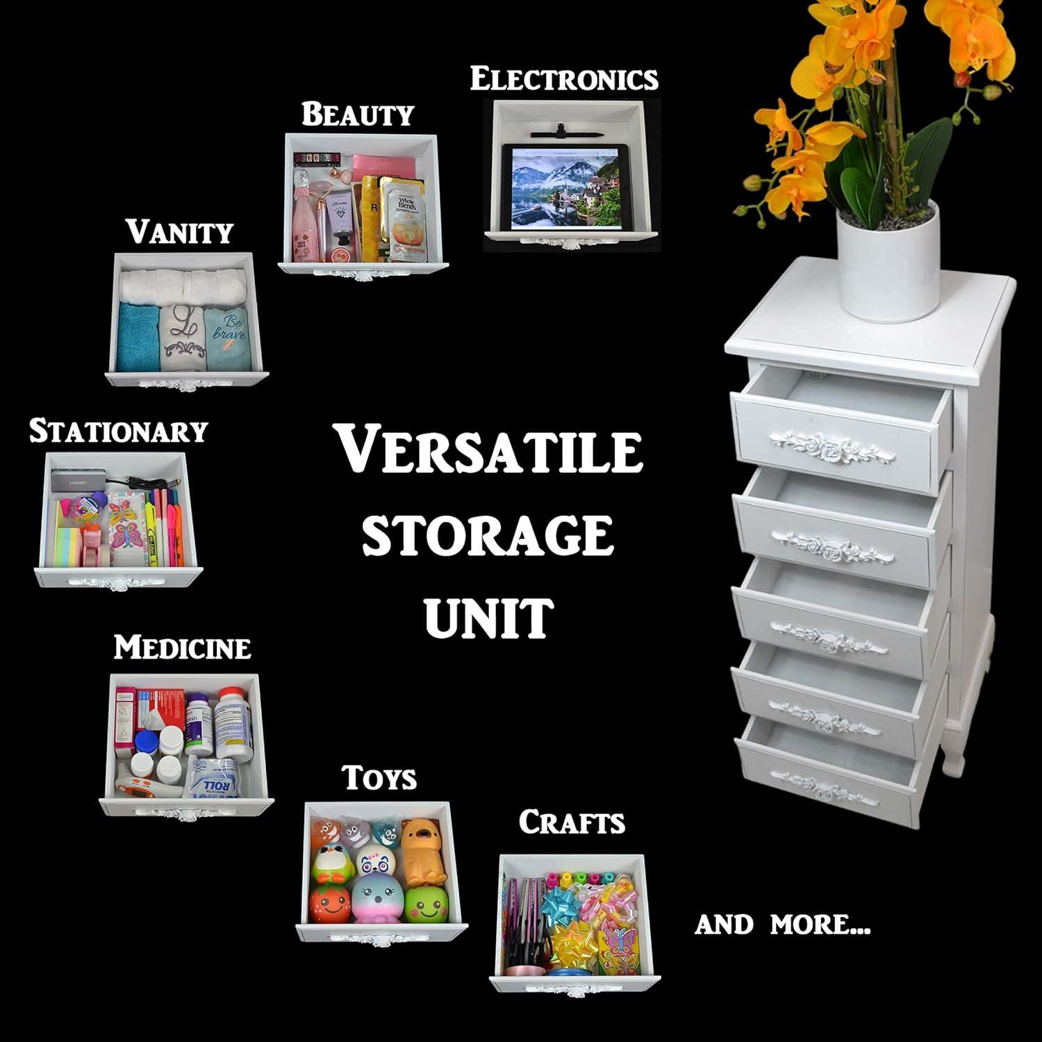 Fully Assembled White Lingerie Dresser, Tall Skinny Chest, Wood Nightstand for Bedroom, Girls Dresser, Antique Furniture, Baby Nursery Storage, Free Standing Jewelry Organizer with Queen Anne Legs