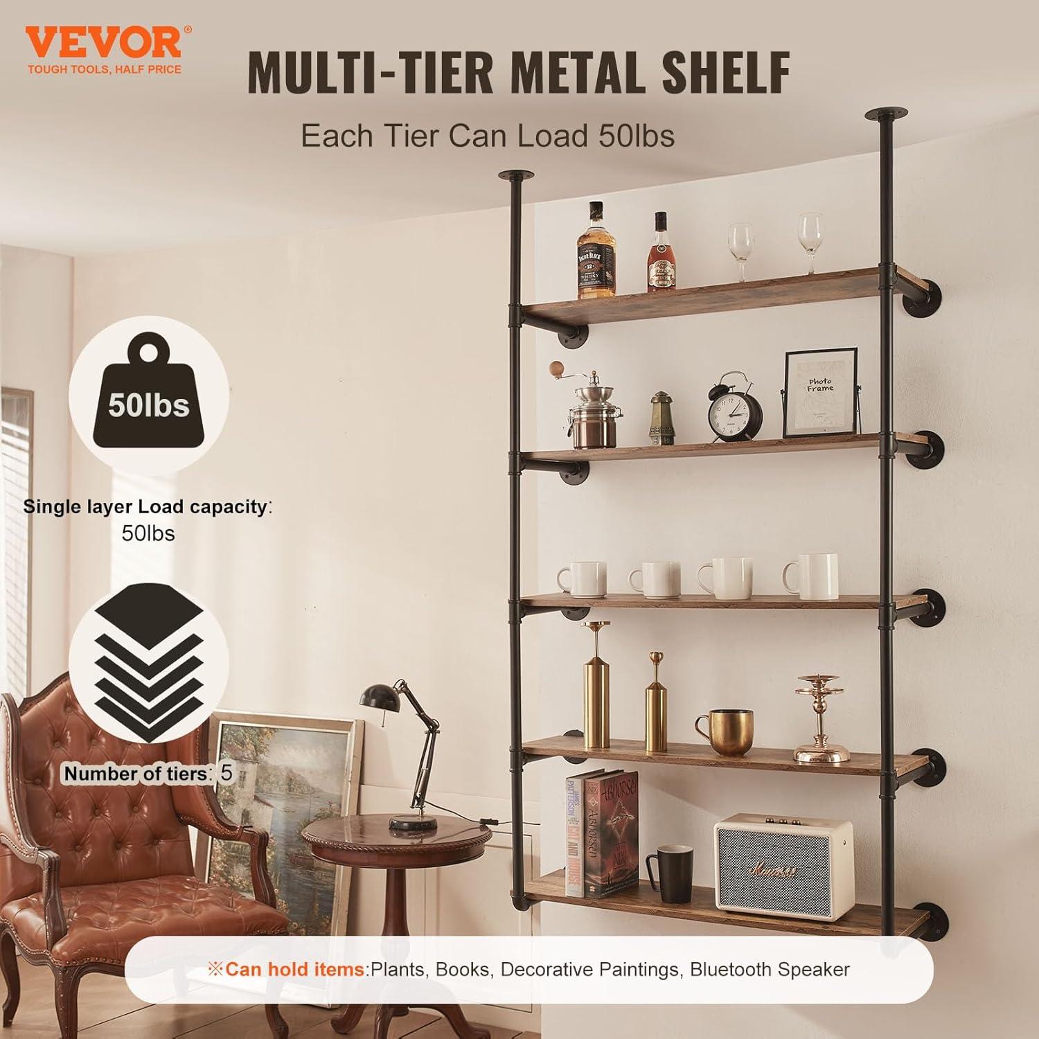 VEVOR Industrial Pipe Shelf, 5 Tier 2PCS, 9.84in Applicable Board Width Wall-Mount Floating Rustic Wood Shelves Bracket Bookshelf,Storage Holder for Kitchen Bedroom Bathroom, (Planks NOT Included)