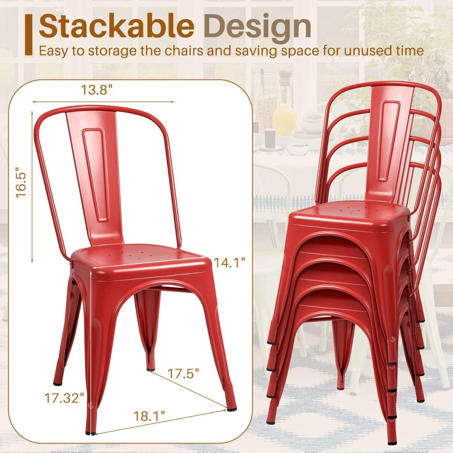 Iron Metal Dining Chairs Stackable Side Chairs Bar Chairs with Back Indoor/Outdoor Classic/Chic/Industrial/Vintage Bistro Trattoria Kitchen Restaurant Matte Black, Set of 4